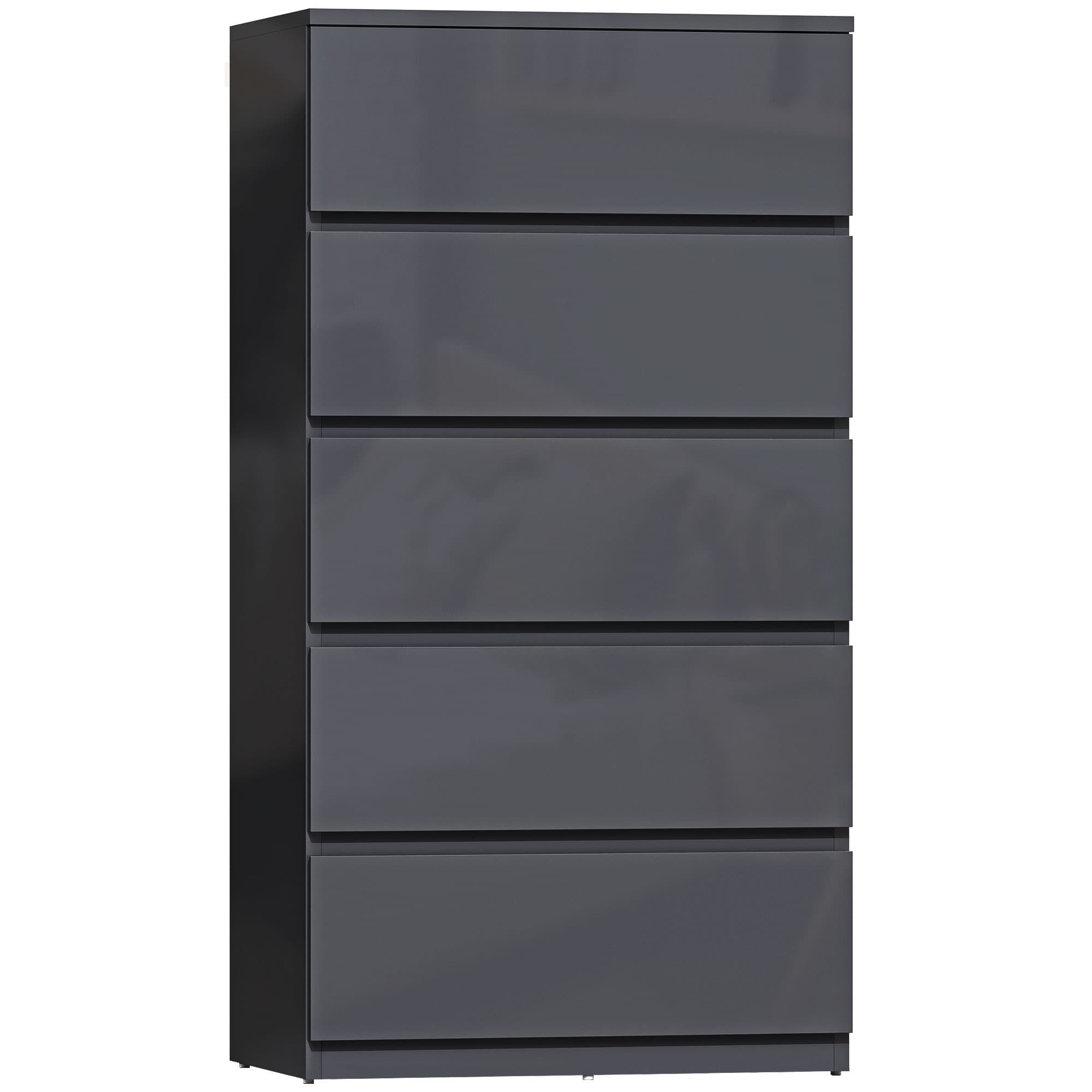 HOMCOM Commode 5 tiroirs, meuble de rangement à haute brillance, fermeture douce et silencieuse, 53 x 34 x 100 cm, gris