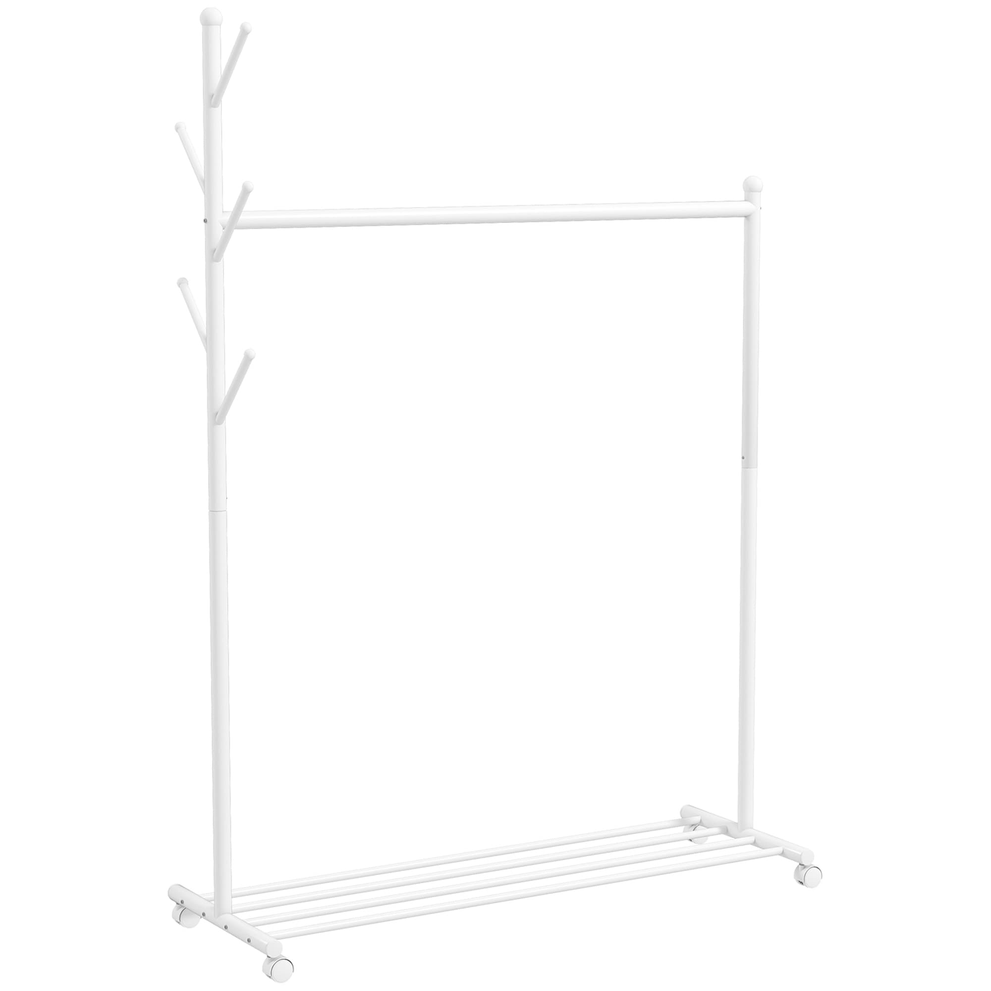 HOMCOM Portant à vêtements, porte-manteau sur roulettes avec étagère à chaussures et 5 crochets, 120 x 43 x 171 cm, blanc