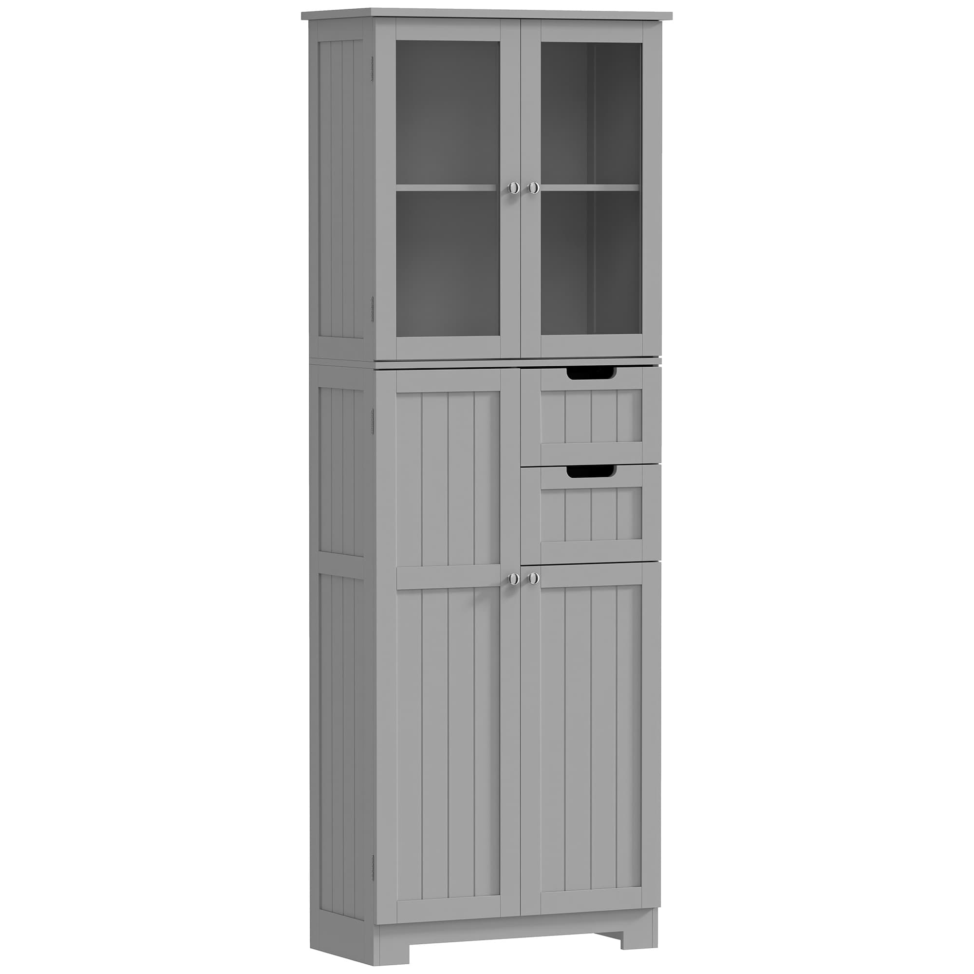 HOMCOM Meuble de salle de bain haut, meuble de rangement avec 4 portes dont 2 vitrées, 2 tiroirs et étagères réglables, blanc