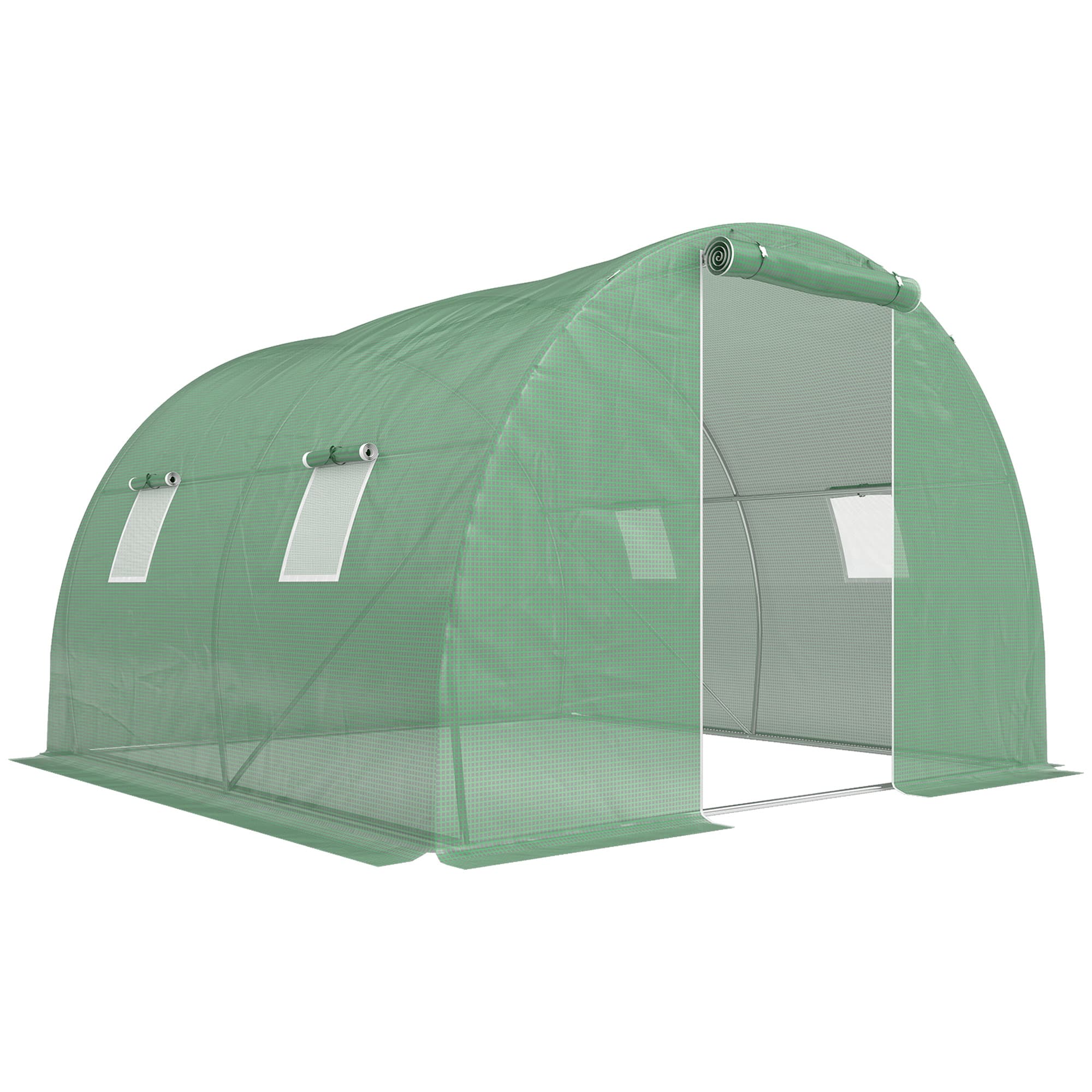 Outsunny Serre de jardin tunnel 9 m2 4 fenêtres, porte zippée enroulable châssis acier galvanisé, bâche PE 3 x 3 x 2 m vert