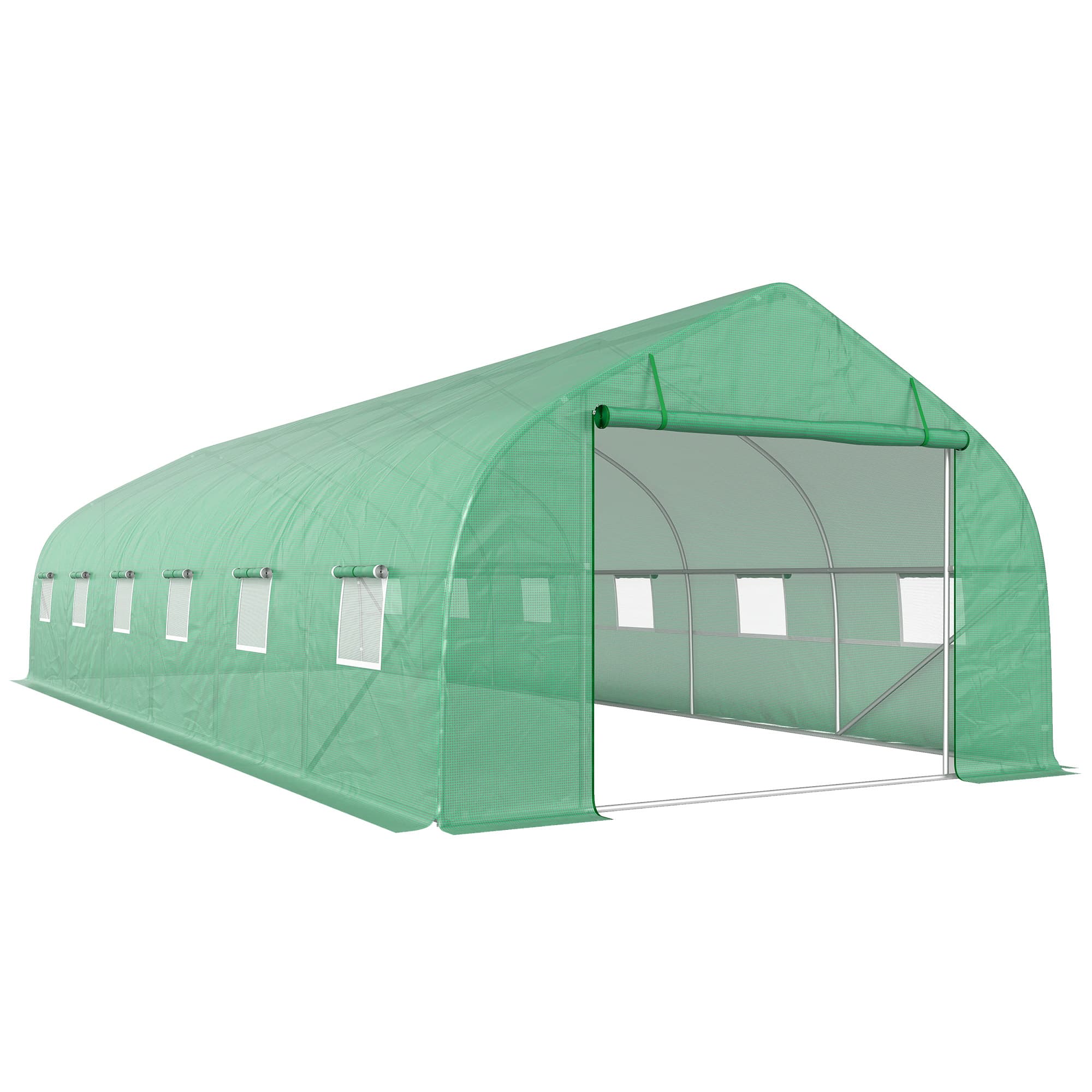 Outsunny Serre de jardin tunnel grande taille avec bâche PE cadre en acier porte enroulable et 12 fenêtres 8 x 3 x 2 m vert