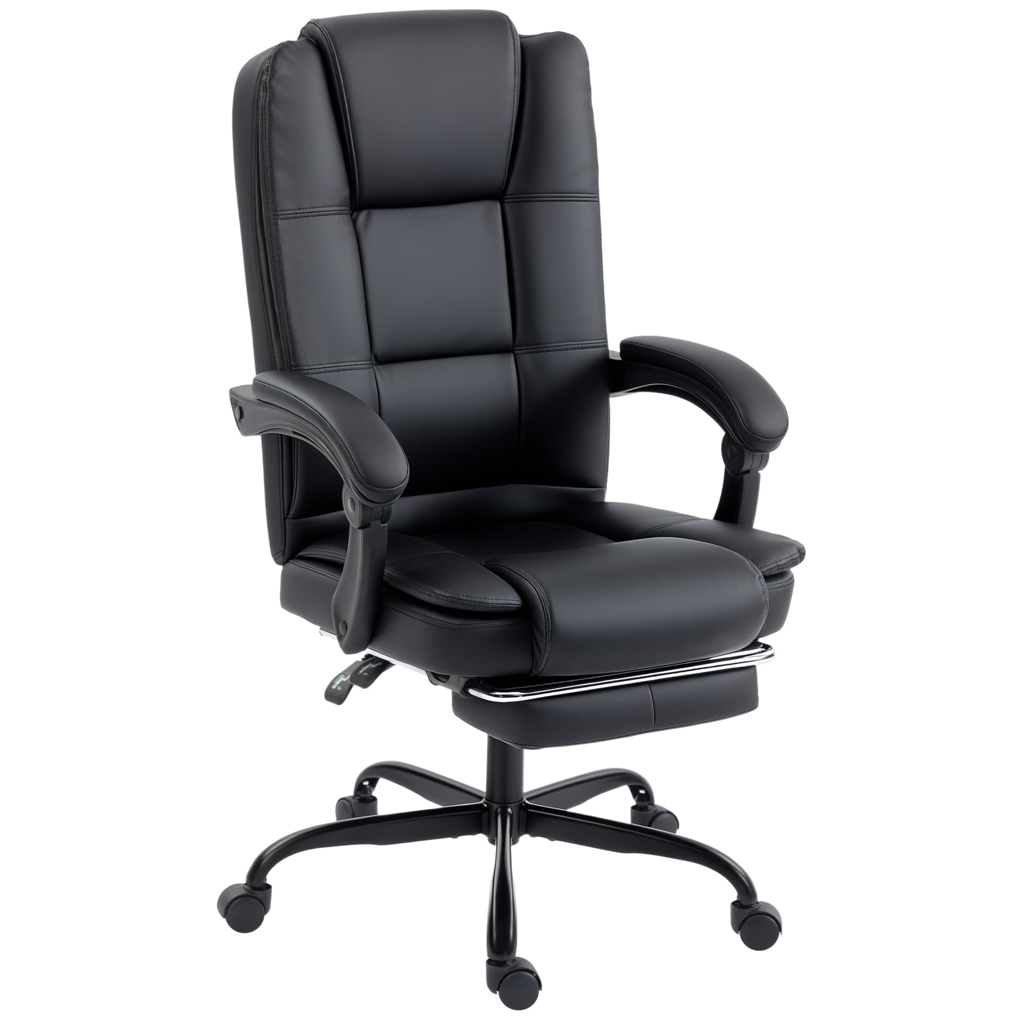 HOMCOM Chaise de bureau ergonomique, fauteuil de bureau inclinable en pu avec repose-pieds rétractable, hauteur réglable, noir