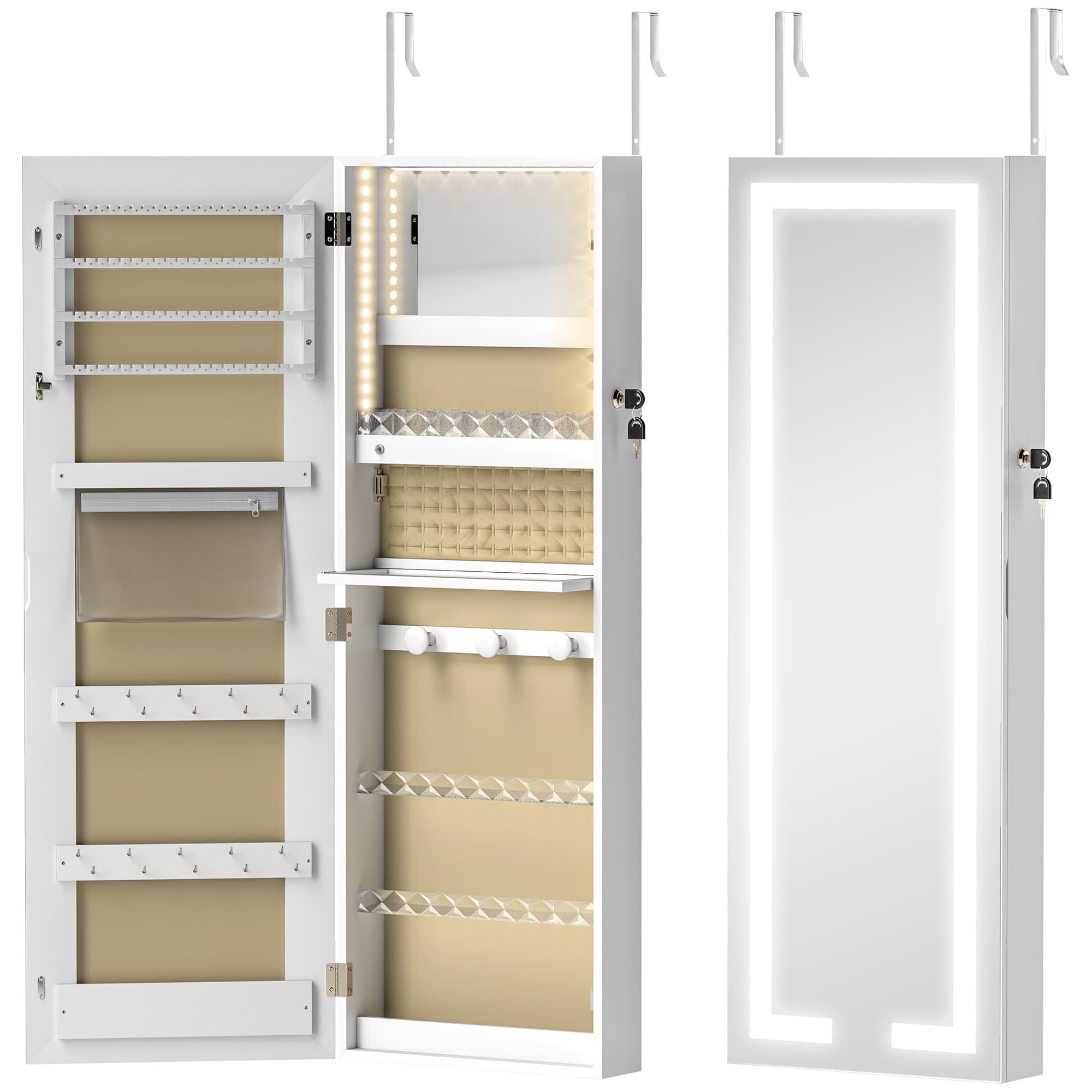 HOMCOM Armoire à bijoux avec LED, organisateur de bijoux mural/de porte verrouillable avec miroir, 37 x 10,5 x 108 cm, blanc