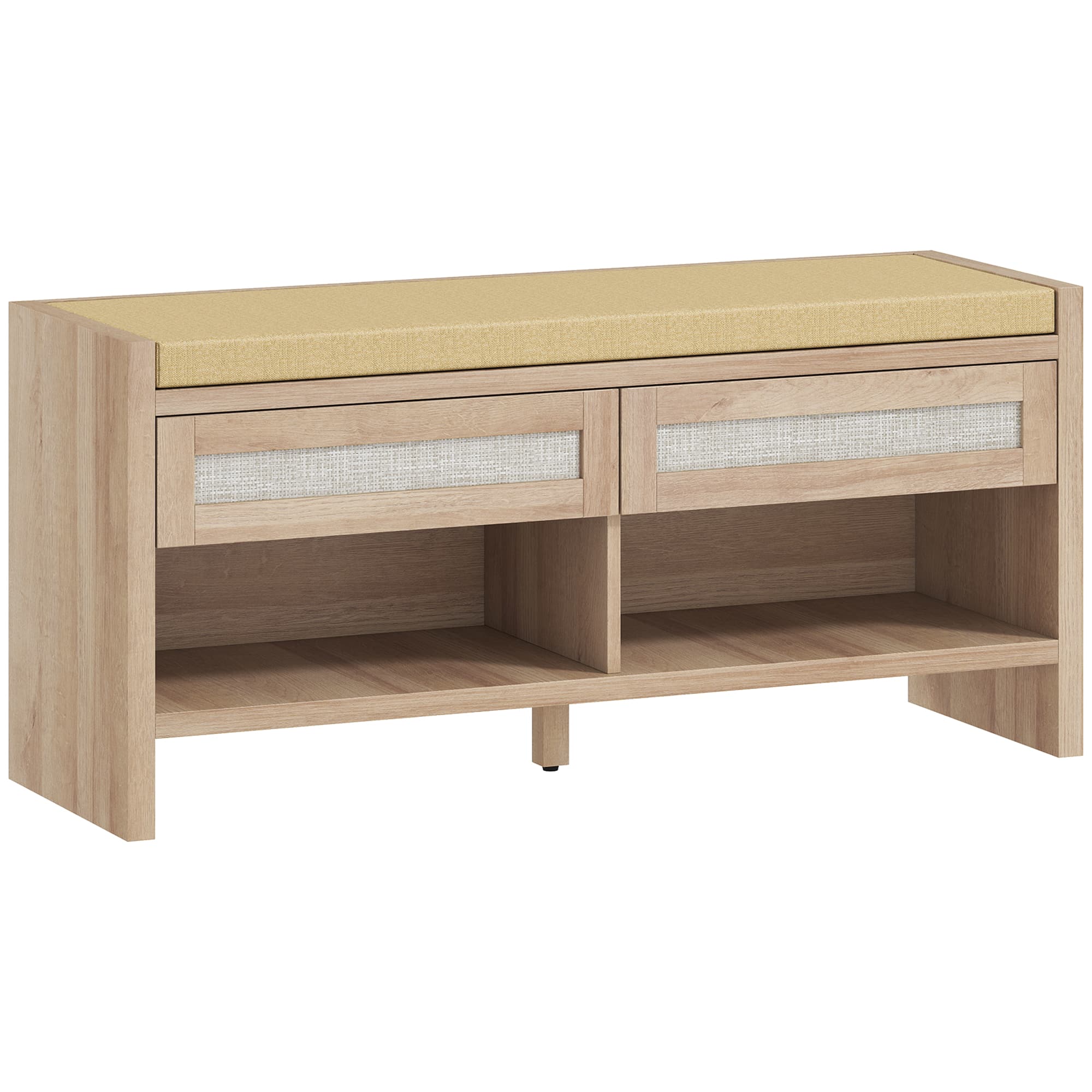 HOMCOM Banc chaussures entrée, banc de rangement, assise rembourrée en lin, 2 tiroirs en rotin et étagère ouverte, chêne