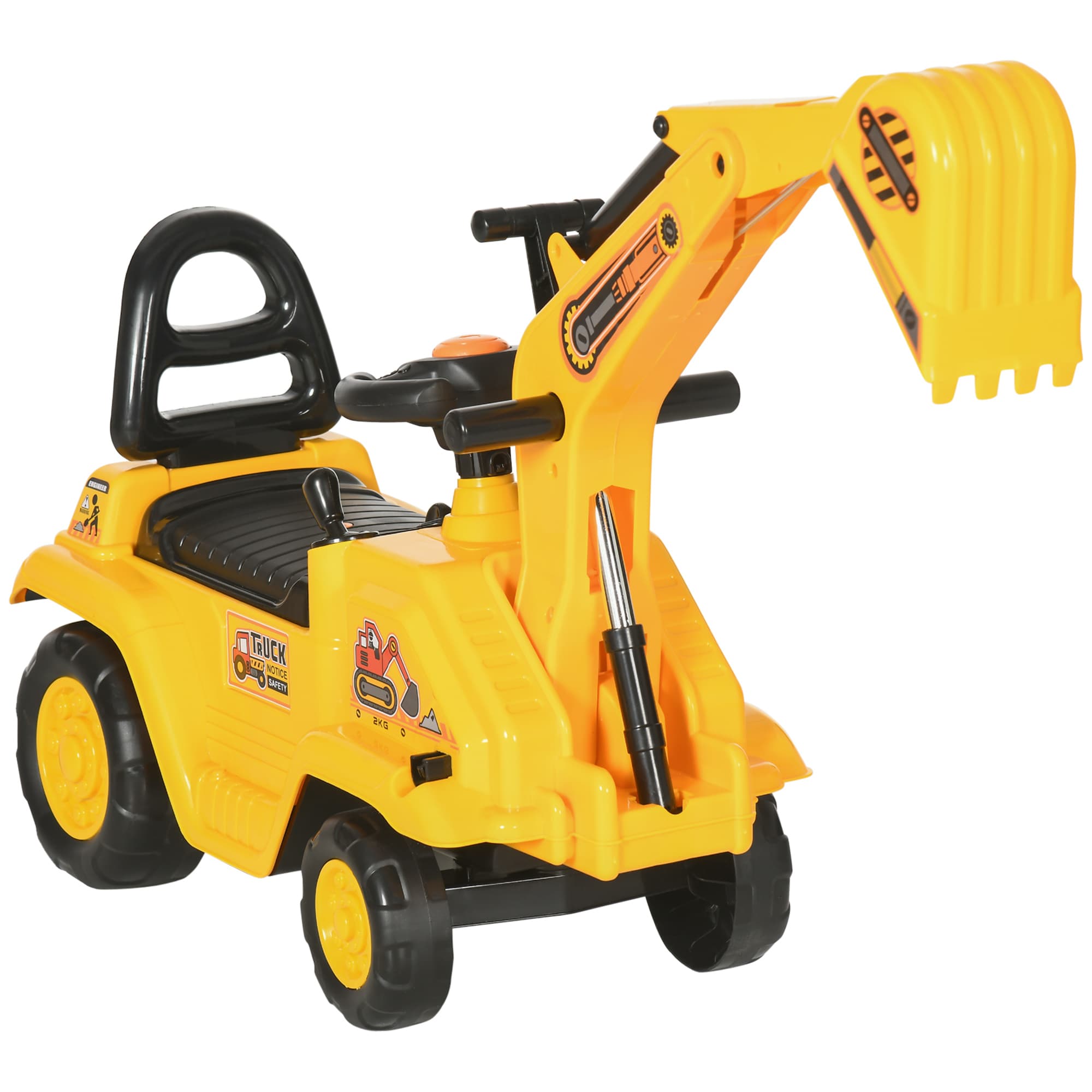 HOMCOM Pelleteuse pour enfants avec benne et espace de rangement, klaxon, volant, 18-48 mois, Jaune