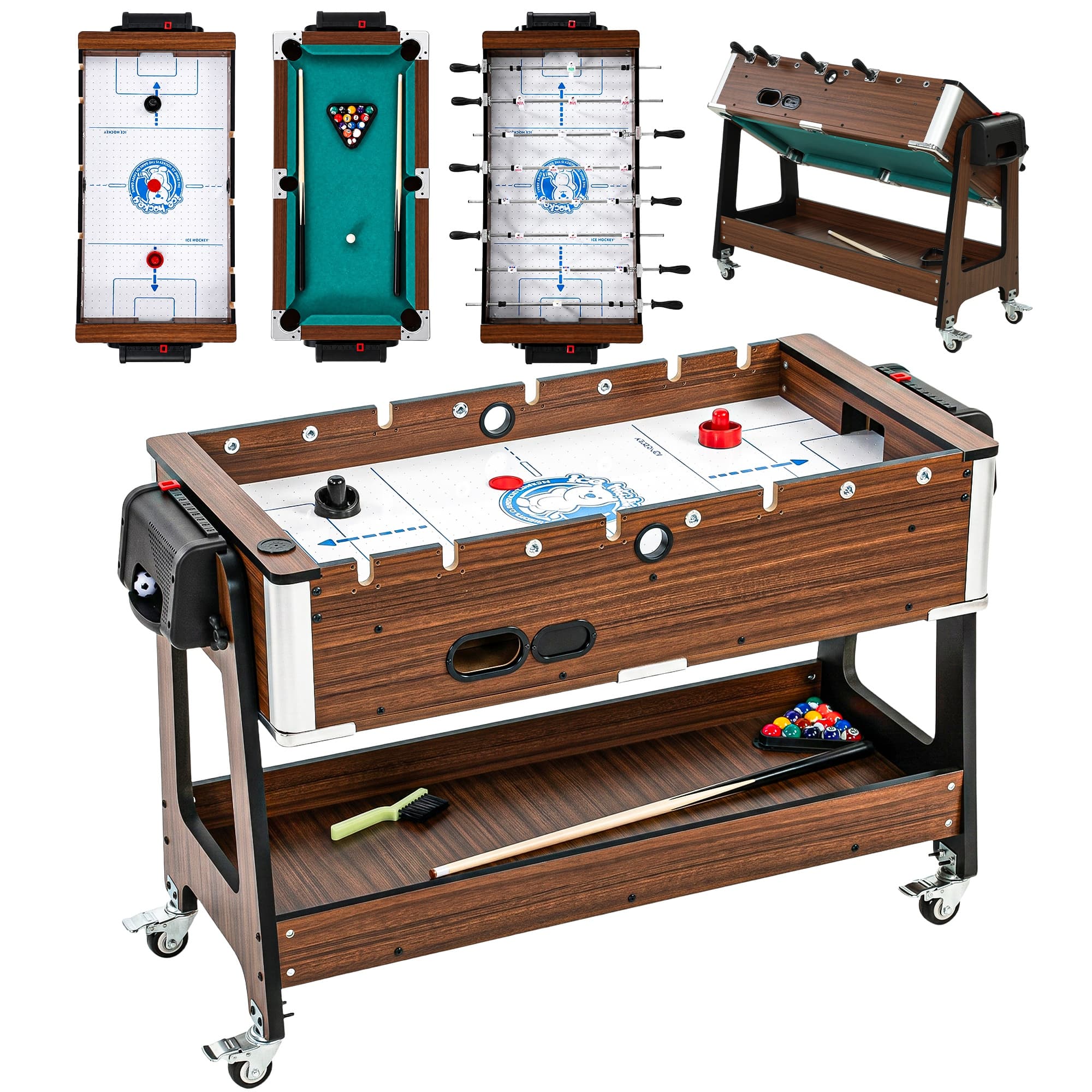 SPORTNOW Table multijeux 3 en 1 avec roulettes et frein, étagère de rangement, baby-foot pour enfants, billard et air hockey, noyer