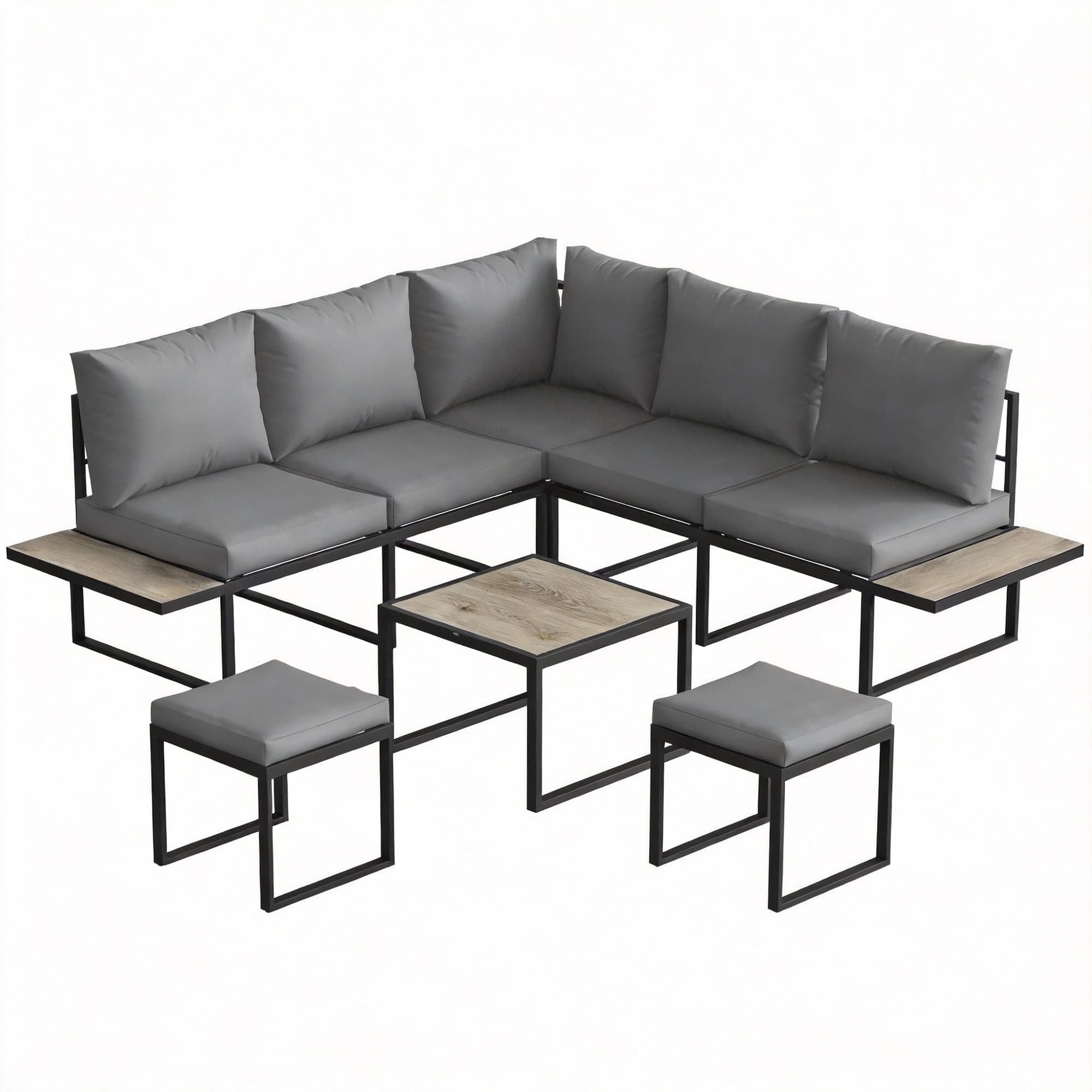 Outsunny Salon de jardin extérieur 6 personnes modulable table basse et plateaux latéraux en bois PSPC coussins épais 10cm gris