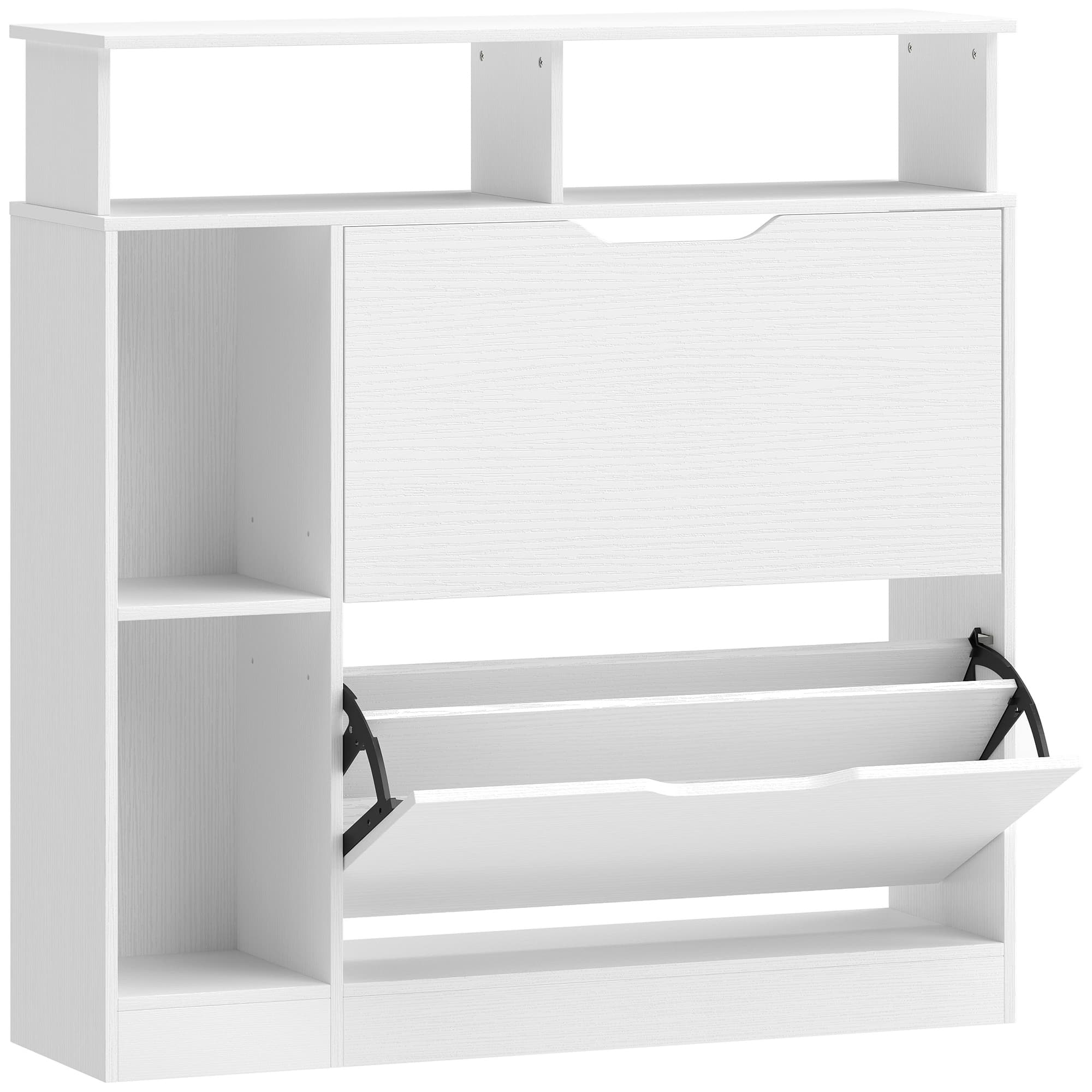 HOMCOM Meuble à chaussures, armoire à chaussures, 2 tiroirs rabattables, compartiments ouverts et étagère réglable, blanc