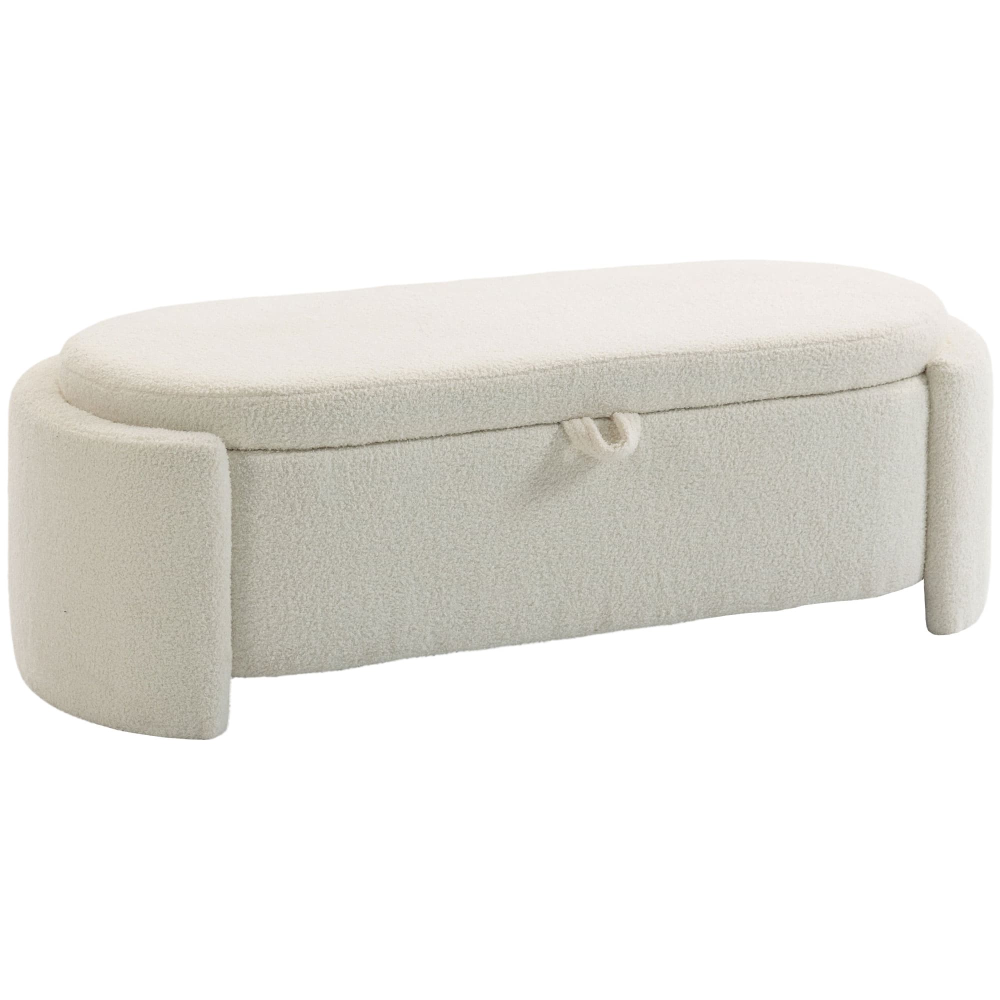 HOMCOM Banc de rangement, bout de lit ovale en polaire Teddy avec assise large, 129 x 48,5 x 44 cm, crème
