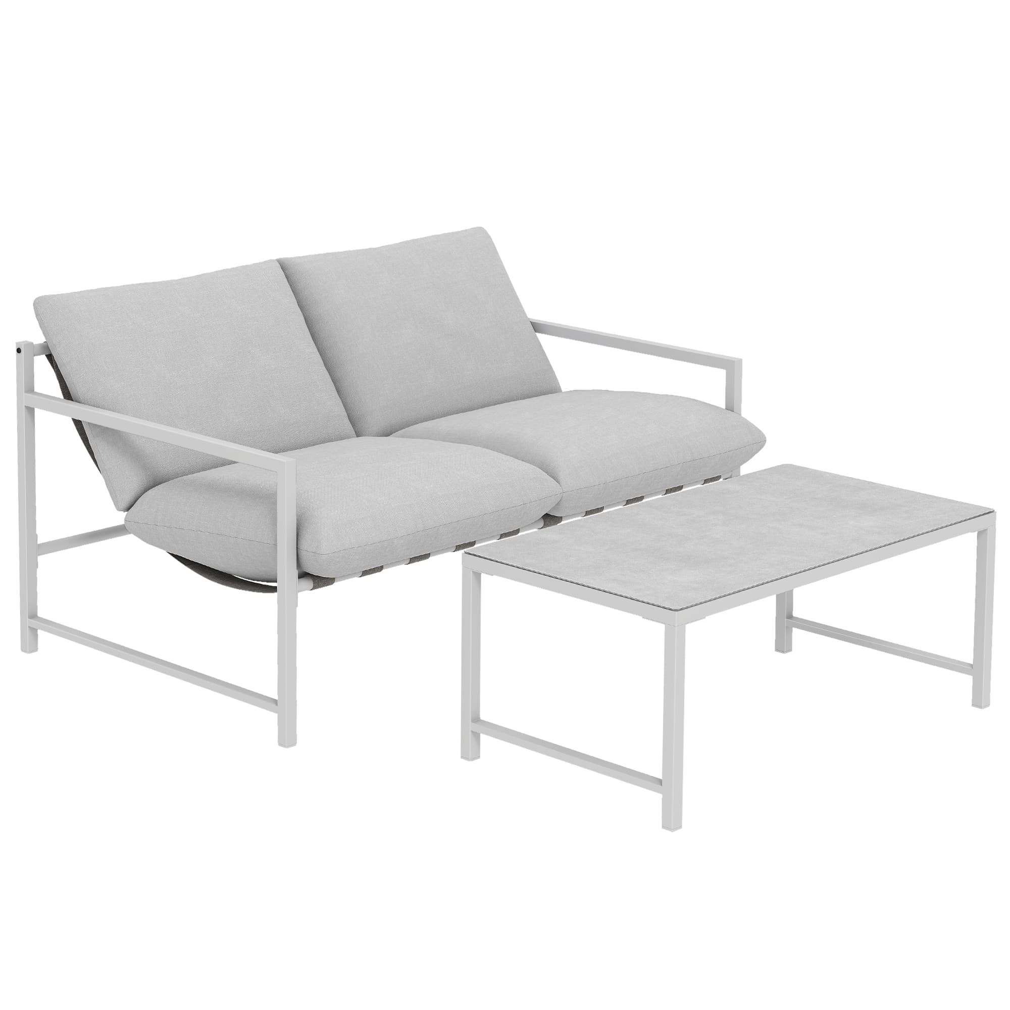 Outsunny Salon de Jardin Extérieur 2 Pièces, Canapé avec Coussins, Table Basse en Verre Trempé Marbré 3D, 125x80x64cm, Gris Clair