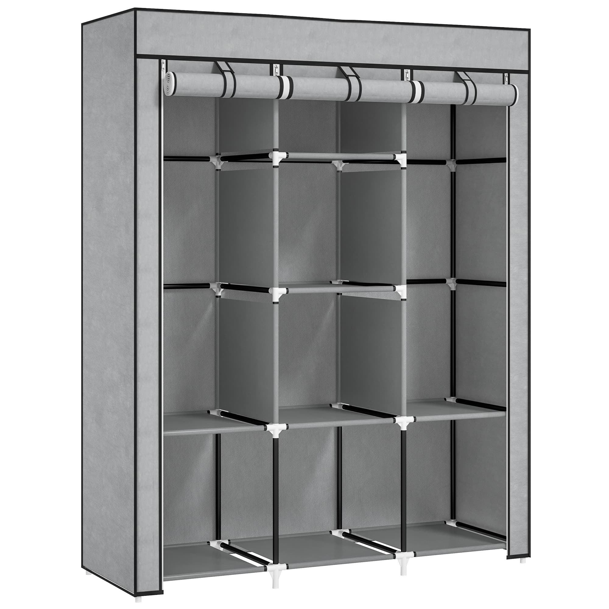 HOMCOM Armoire penderie multi-rangement - 8 étagères, 2 barres - non tissé gris
