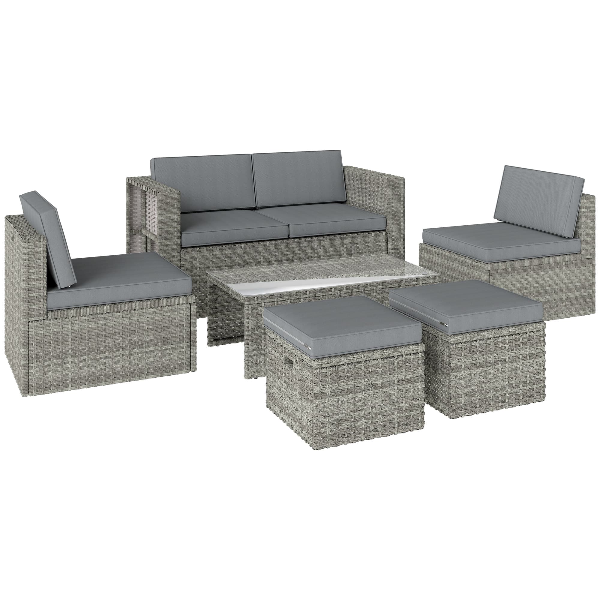 Outsunny Salon de Jardin en Résine Tressée Demi-Ronde 6 Pièces Encastrable Gain de Place 135x66x62cm Gris