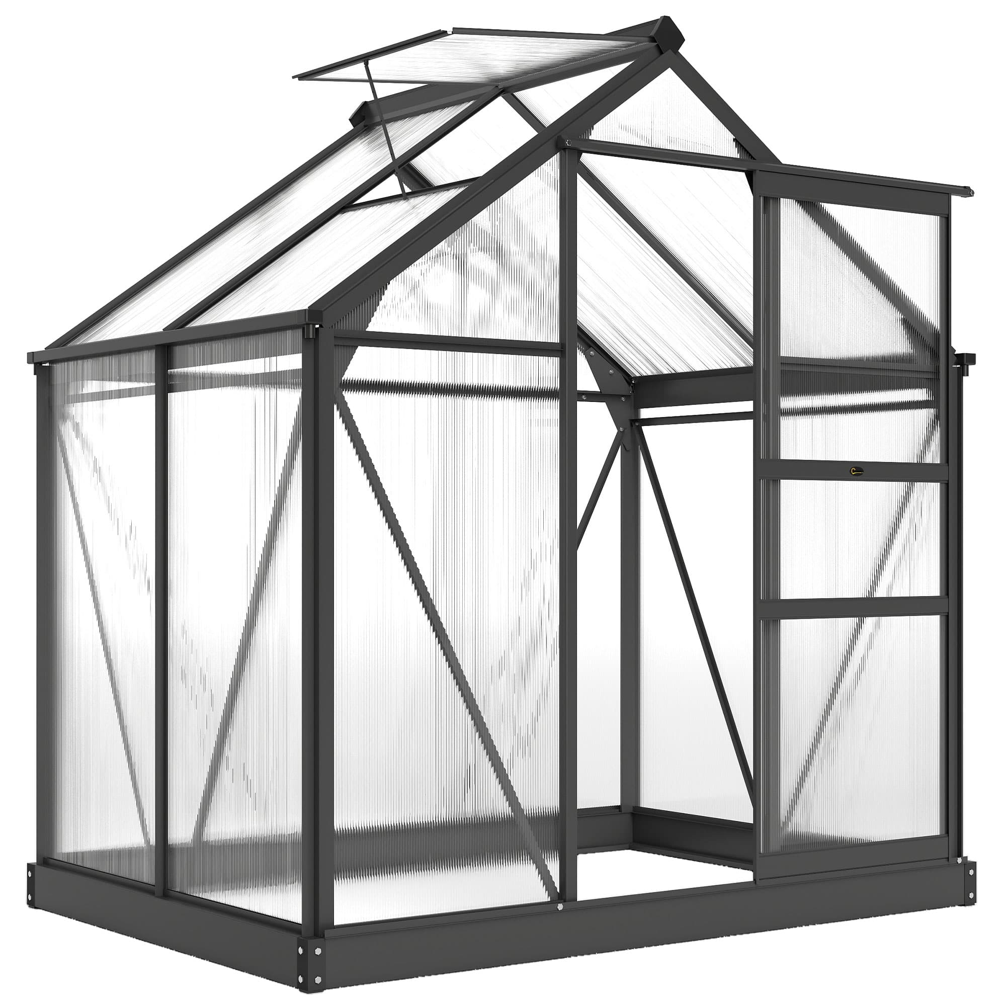 Outsunny Serre de jardin polycarbonate 190 x 132 x 201 cm résistant aux UV 30+ fondation renforcé gouttière gris