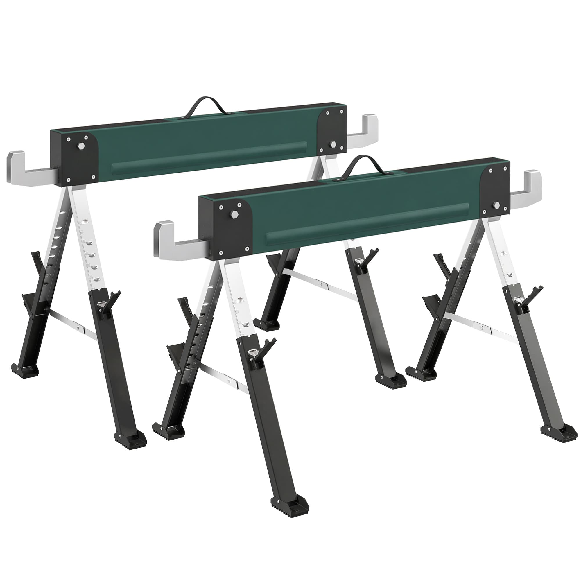 HOMCOM lot de 2 tréteaux pliables en métal, charge max 1160 kg, hauteur réglable 64-81cm, poignée de transport, vert