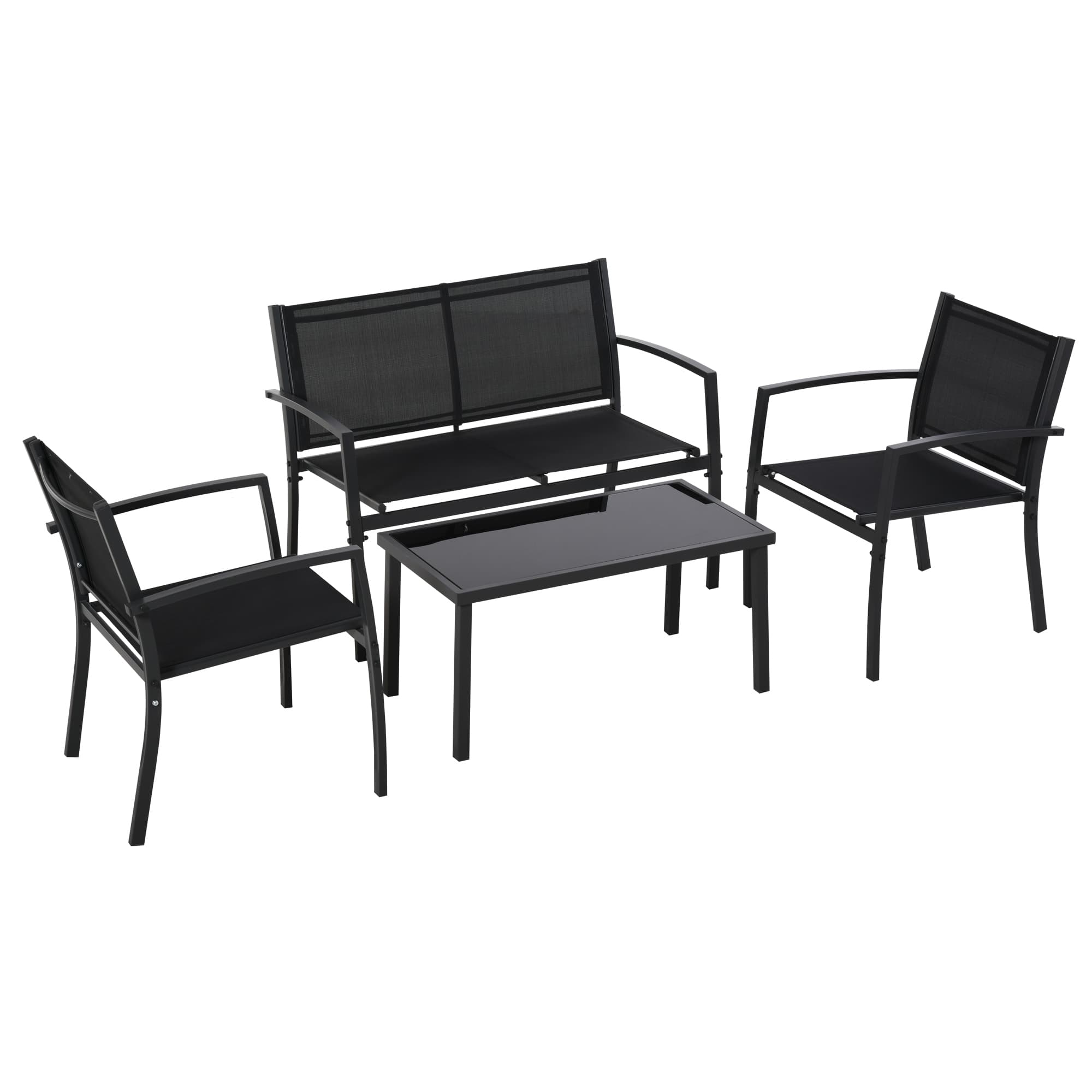 Outsunny Salon de jardin extérieur 4 pièces avec canapé 2 places, 2 chaises et table basse en verre trempé, coussins inclus, noir