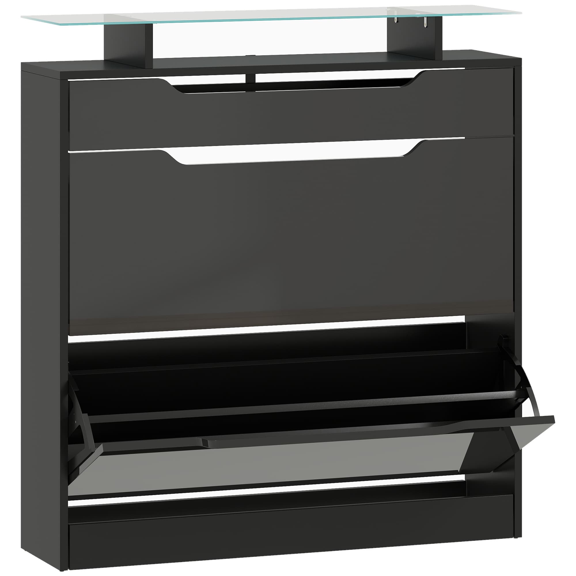 HOMCOM Armoire à Chaussures, 2 Tiroirs Rabattables, 1 Tiroir Coulissant, 1 Comptoir, 89x23x96cm, Noir