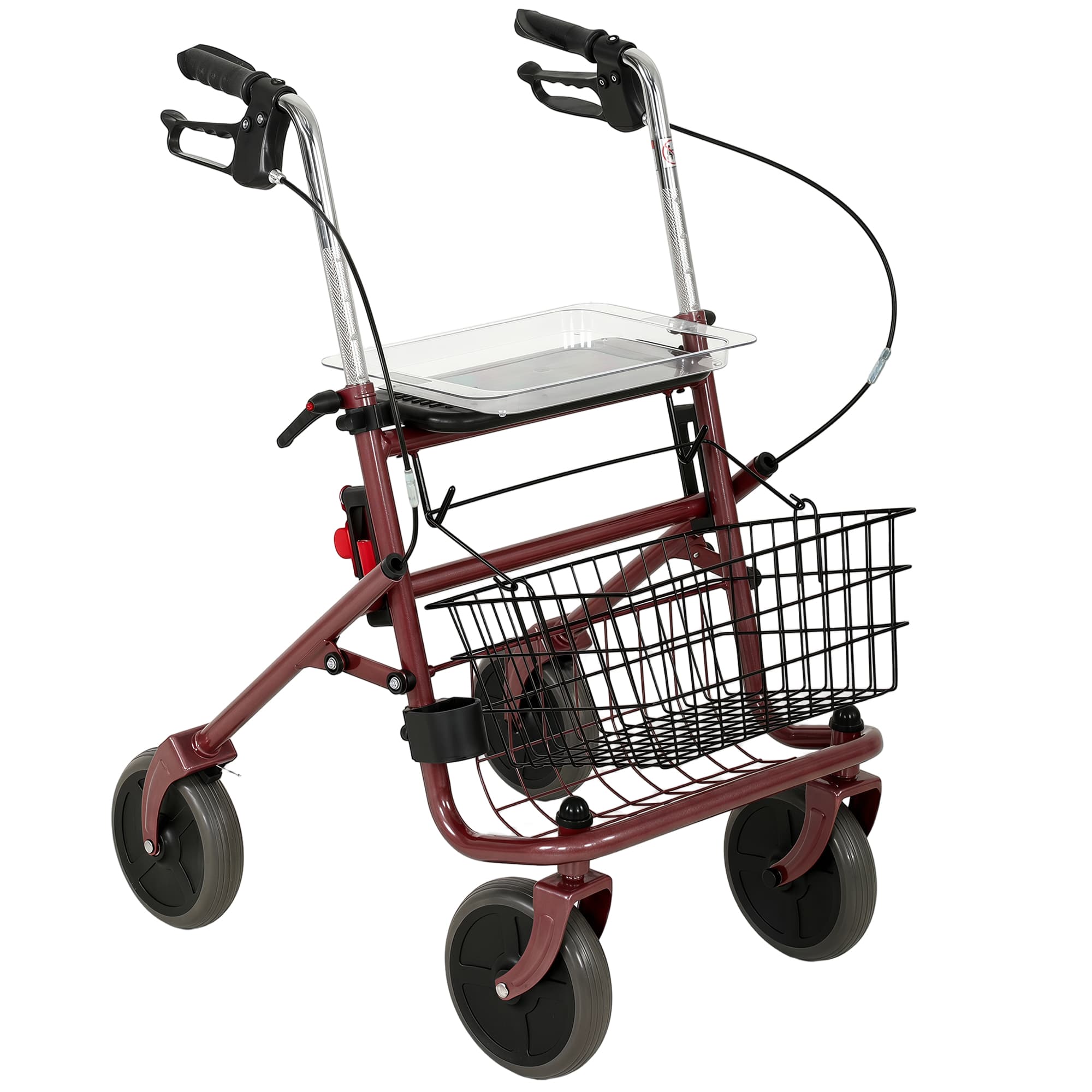 HOMCOM Déambulateur pliable pour personnes âgées avec siège 4 roues hauteur réglable freins à levier panier plateau porte-canne rouge