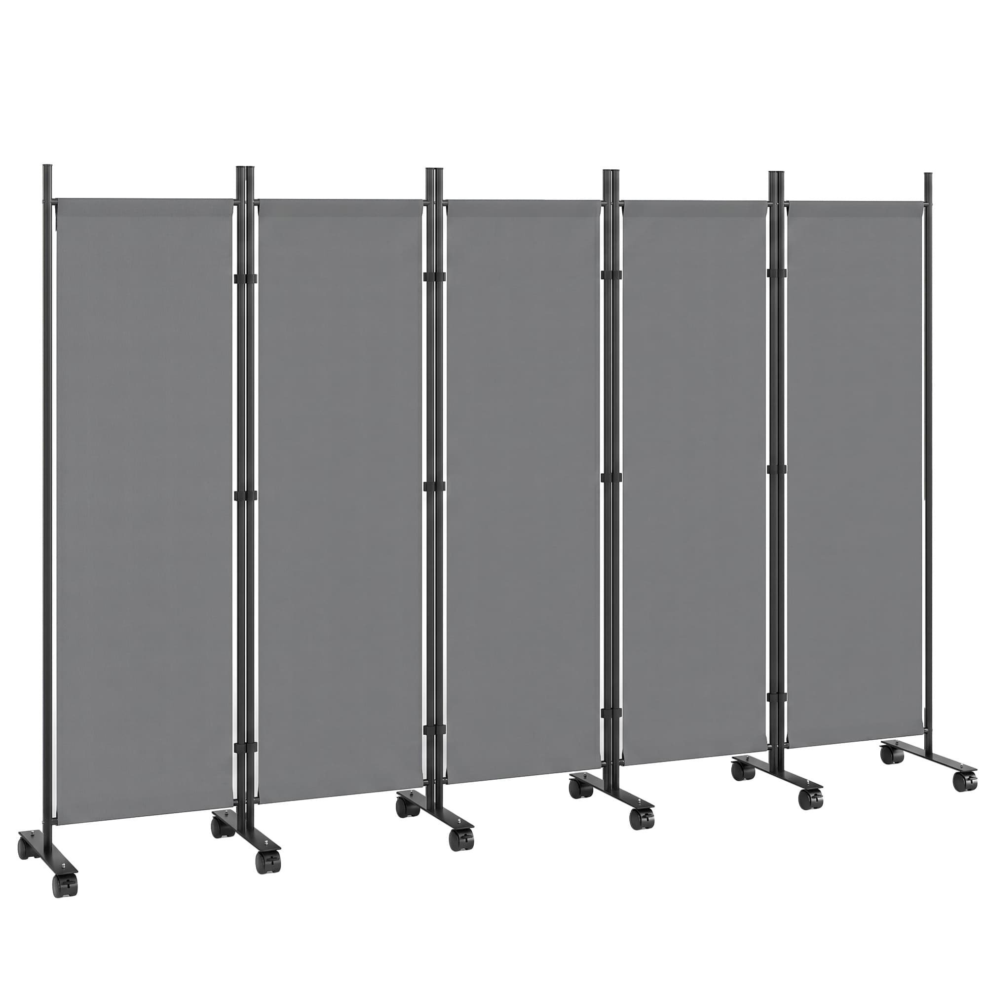 Outsunny Paravent 5 Panneaux 252x170cm, Paravent Pliant avec 12 Roulettes et Clips de Connexion, Acier et Polyester, Gris Foncé