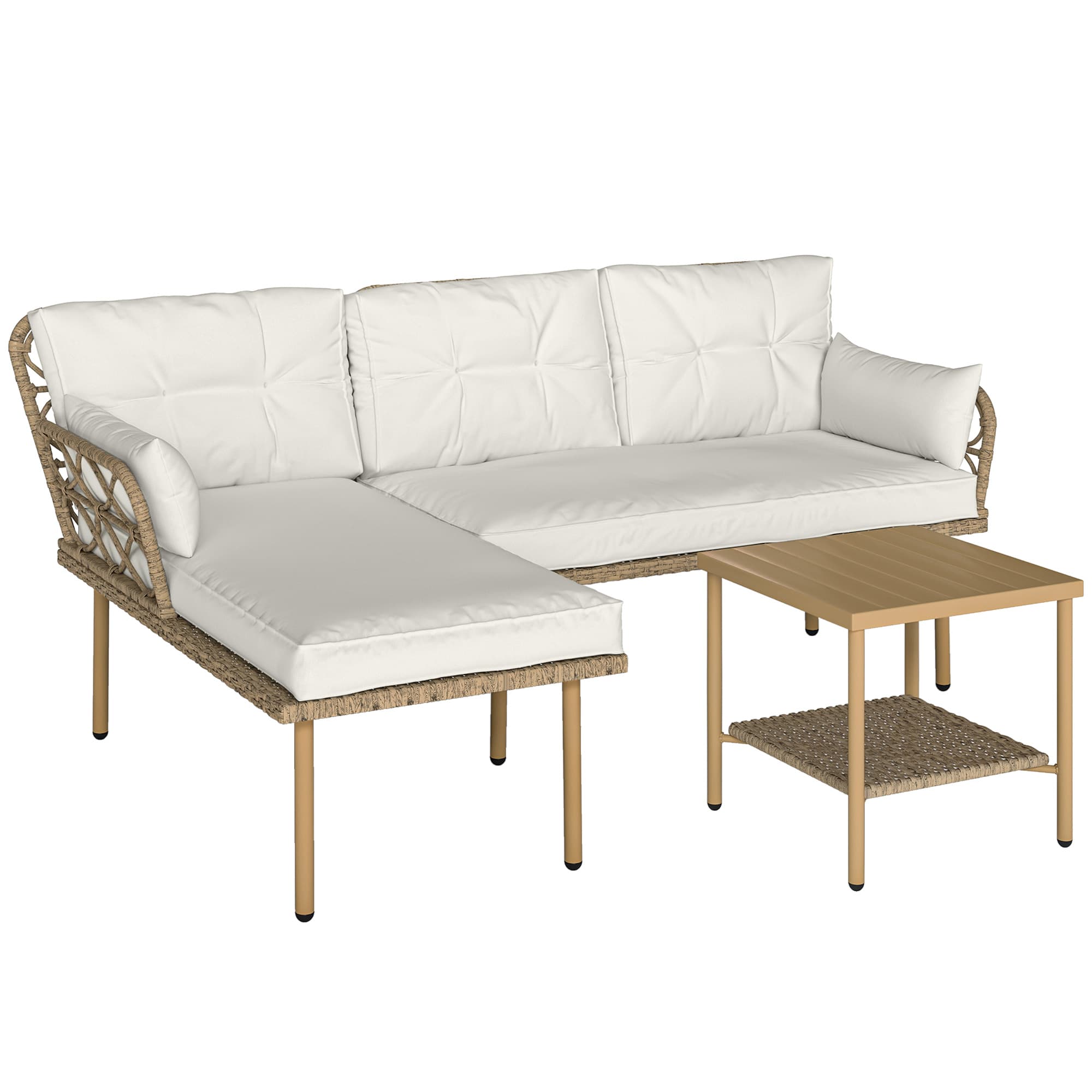 Outsunny Salon de jardin d'angle 4 pers. 3 pièces avec 1 table basse coussins grand confort inclus résine tressée crème