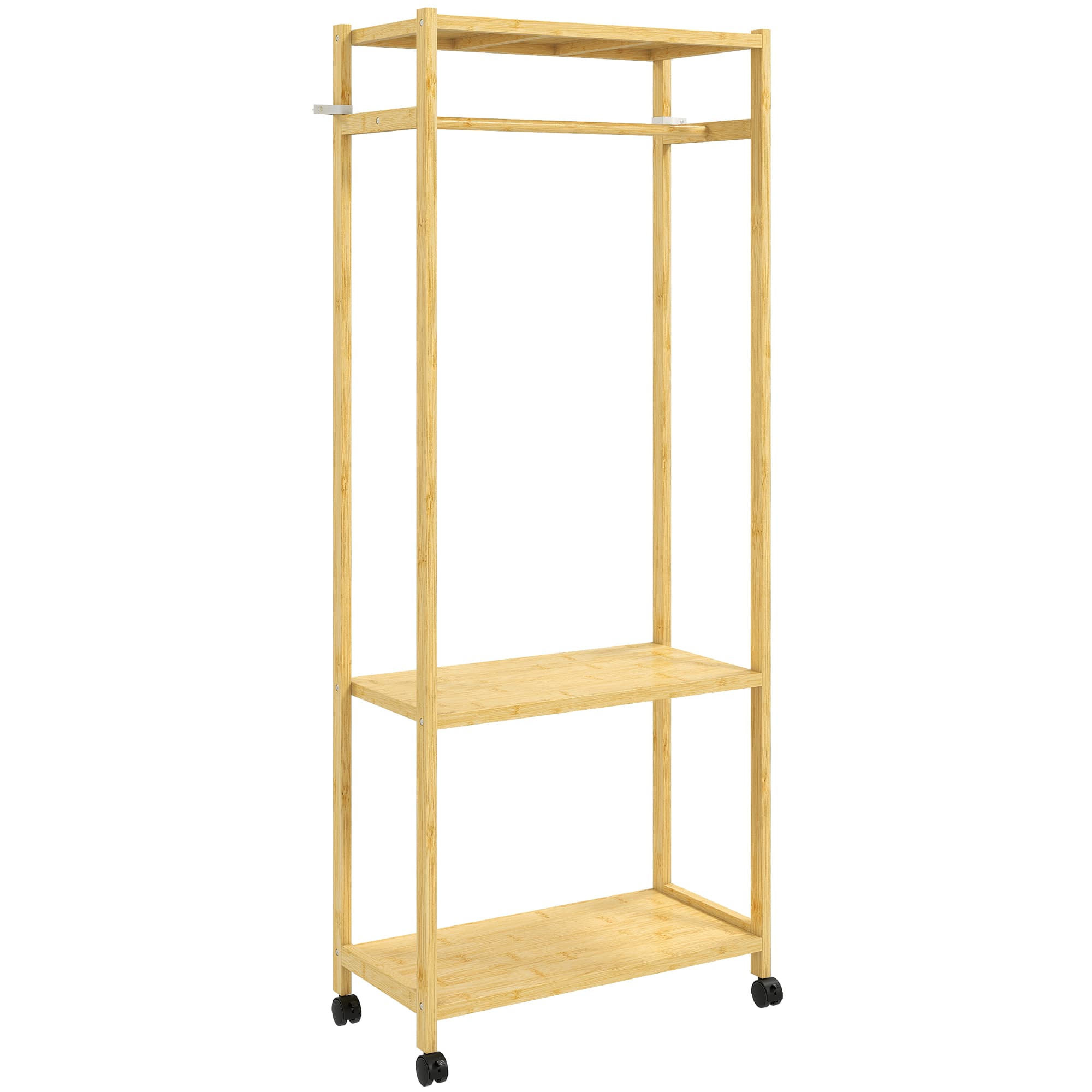 HOMCOM Portant à vêtements à roulettes, porte-manteau en bambou avec 2 étagères et tringle suspendue, 70x35x175cm, bois naturel