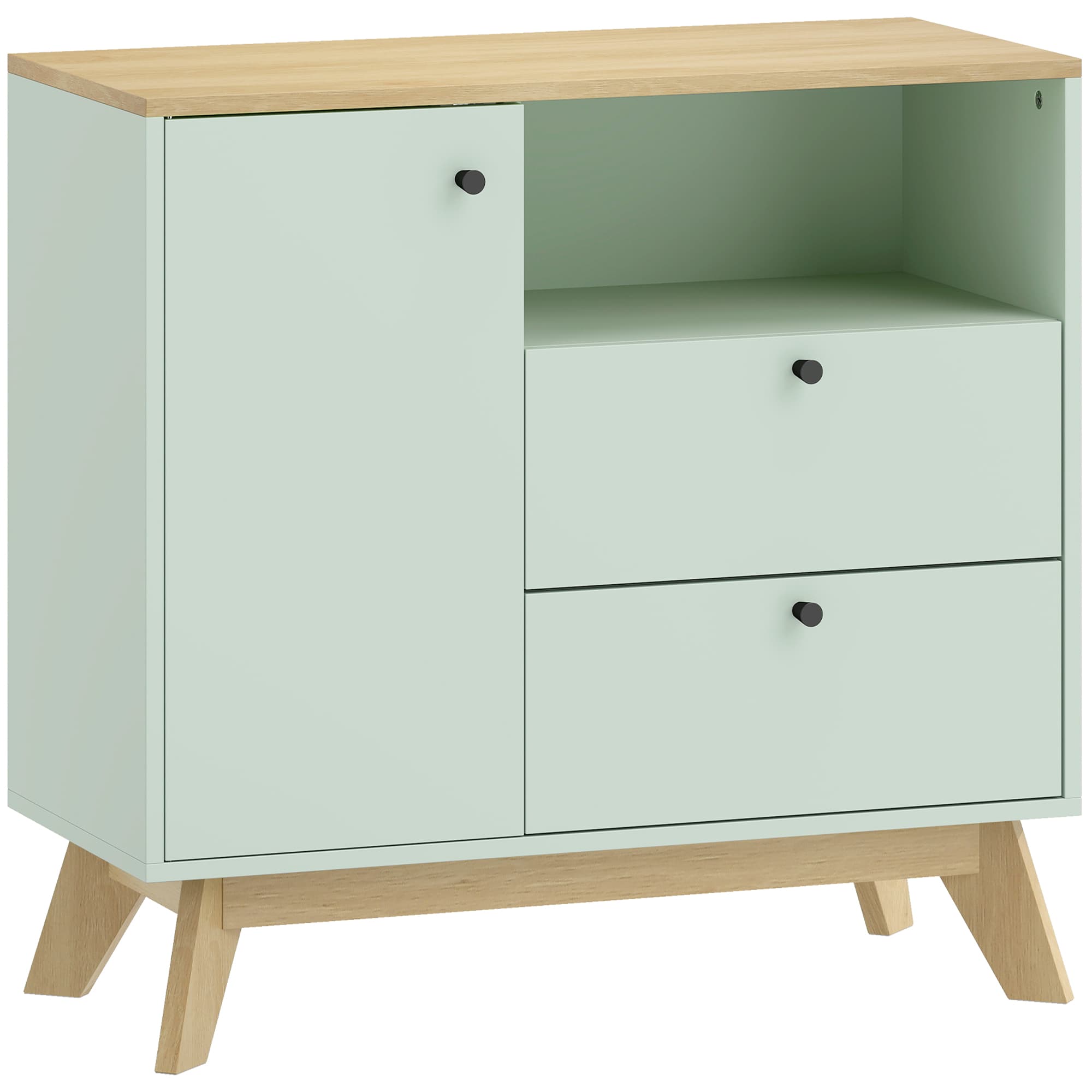 HOMCOM Buffet salon, meuble de rangement avec porte, 2 tiroirs, compartiment ouvert et étagère réglable, vert clair et chêne
