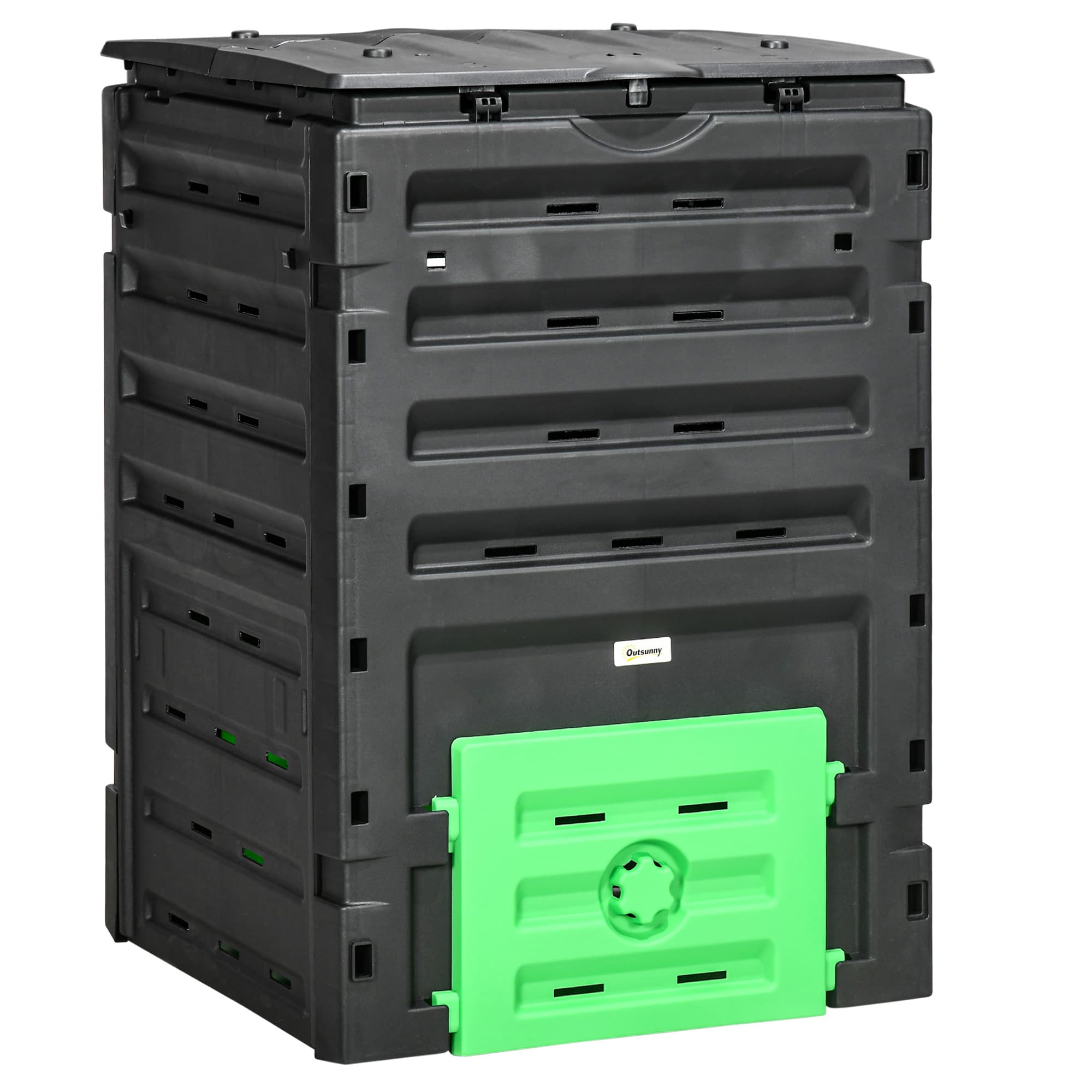 Outsunny Composteur de jardin 450 L, bac composteur pour jardin, 80 aérations et 2 portes coulissantes, 69 x 71 x 103 cm, noir