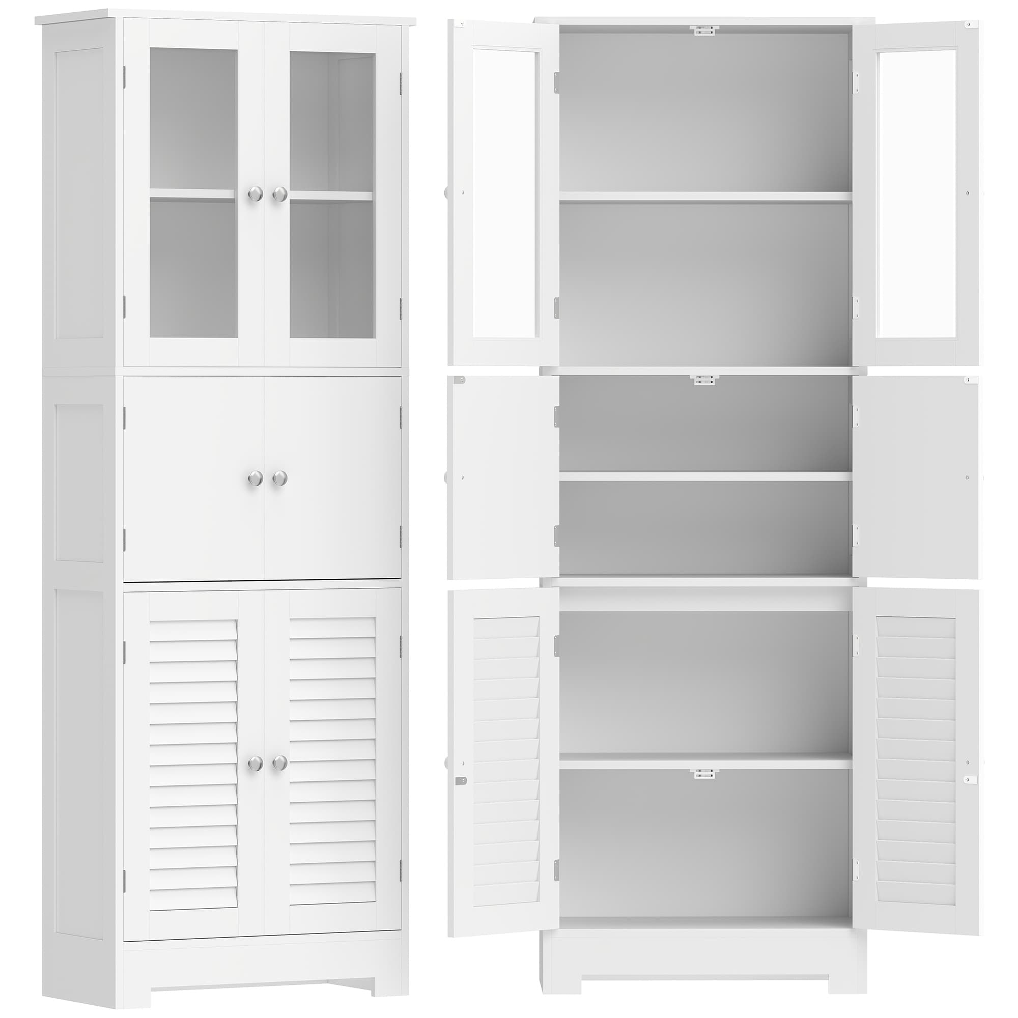 HOMCOM Meuble de salle de bain haut, meuble de rangement avec 6 portes dont 2 vitrées et 2 persiennes, étagère réglable, blanc