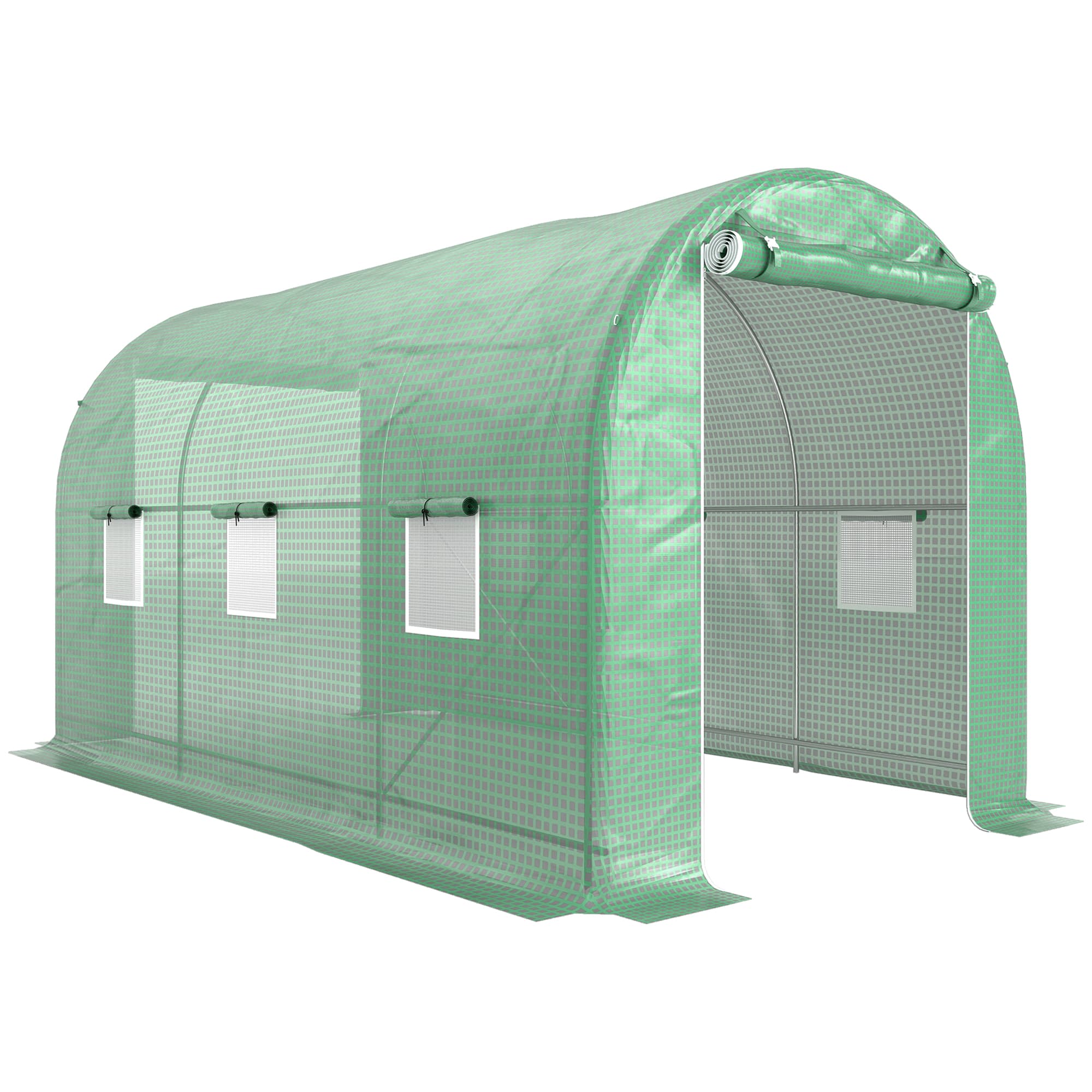 Outsunny Serre de Jardin Tunnel Surface Sol 8 m2 4L x 2l x 2,05H m châssis Tubulaire Porte zippée 6 fenêtres enroulables vert