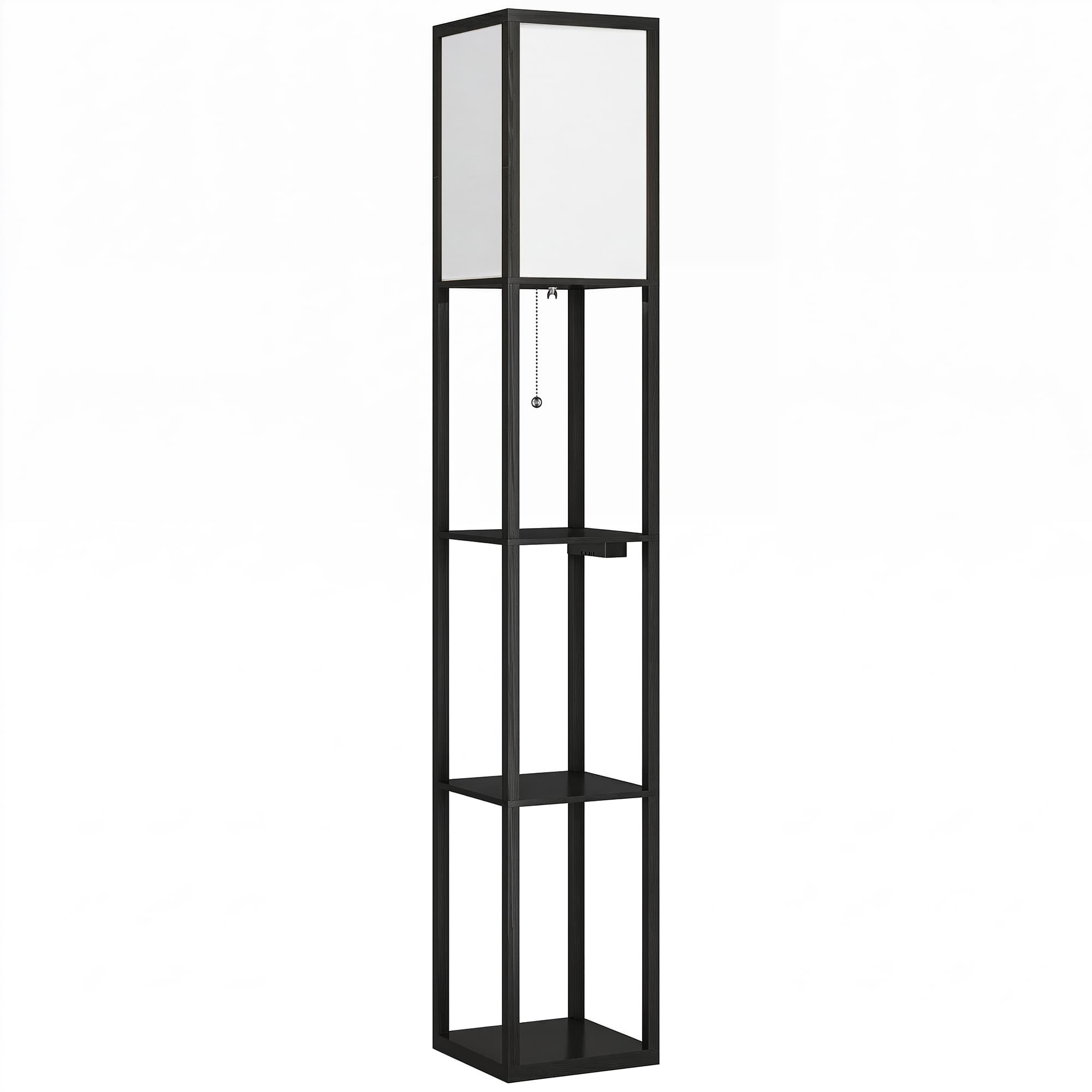 HOMCOM Lampadaire LED avec étagères, dimmable, interrupteur à chaîne & prises, noir