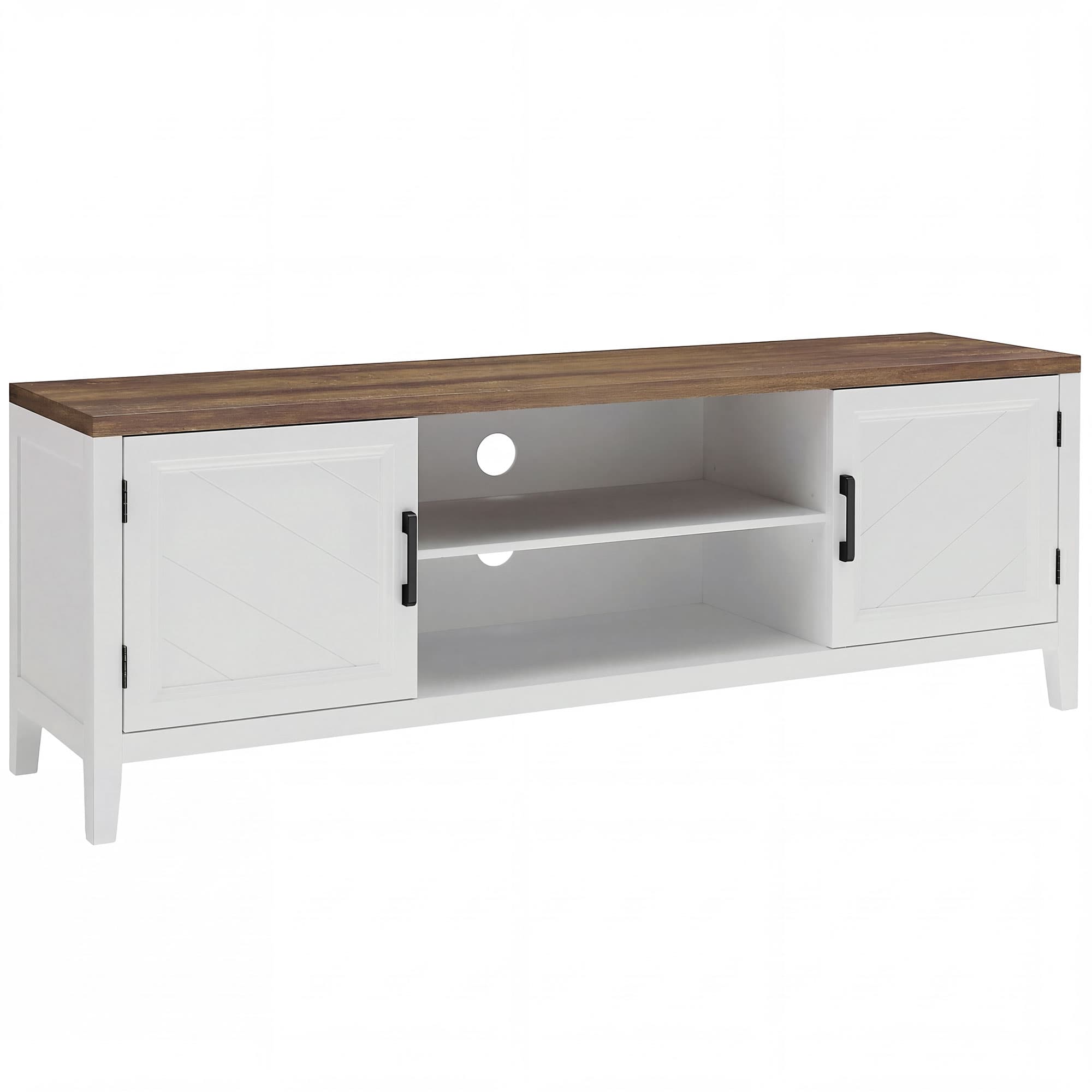 HOMCOM Meuble TV 140 cm, meuble télé pour téléviseur jusqu'à 42 pouces avec 2 portes, 2 compartiments ouverts, blanc et marron