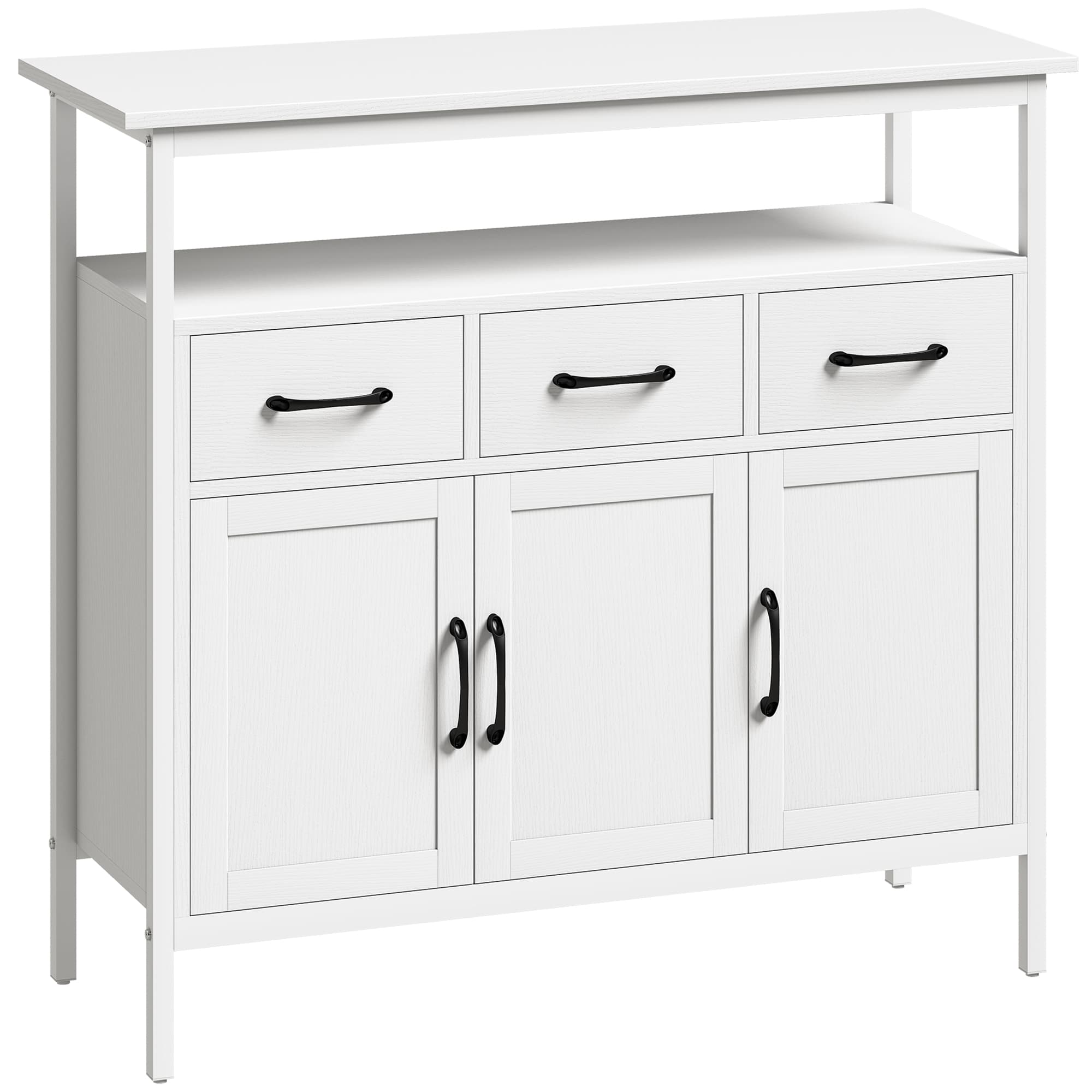 HOMCOM Buffet cuisine, meuble de rangement, 3 portes, 3 tiroirs, compartiment ouvert et étagères réglables, 95x35x88cm, blanc