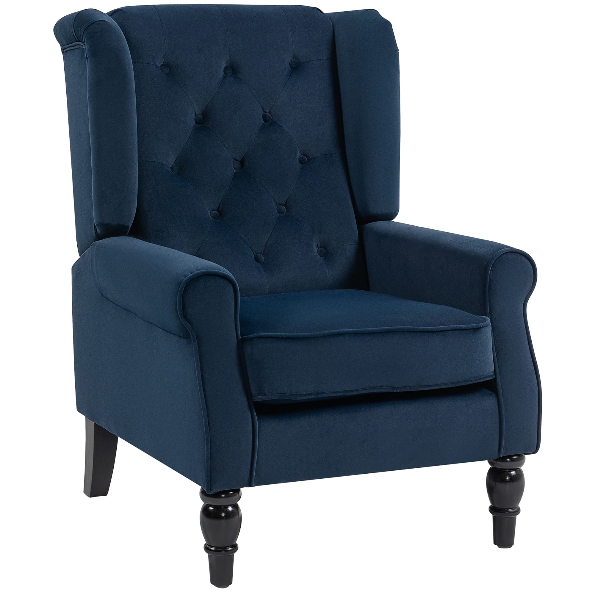 HOMCOM Fauteuil de salon capitonné avec assise large, pieds en bois, style classique, grand confort, 74x86x102cm, bleu foncé