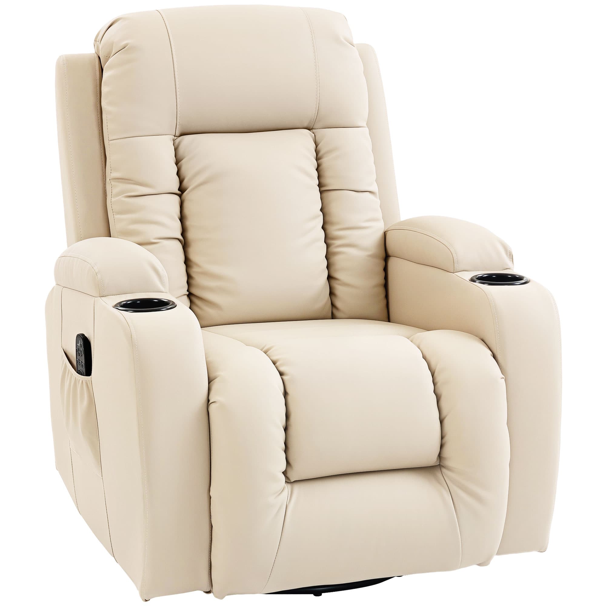 HOMCOM Fauteuil inclinable de massage et chauffage, fauteuil de relaxation, dossier réglable, pivotant 360°, 82x99x103cm, crème