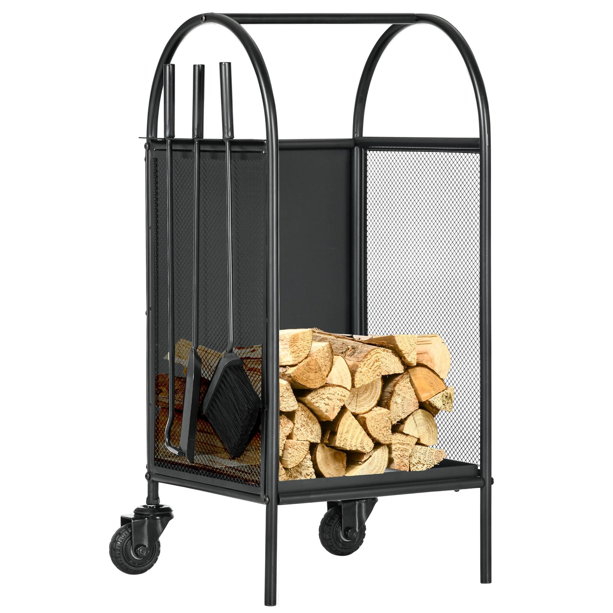 Outsunny Range-bûches porte bûches sur roulettes avec accessoires pelle balai et tisonnier 37,5 x 37,5 x 80 cm noir