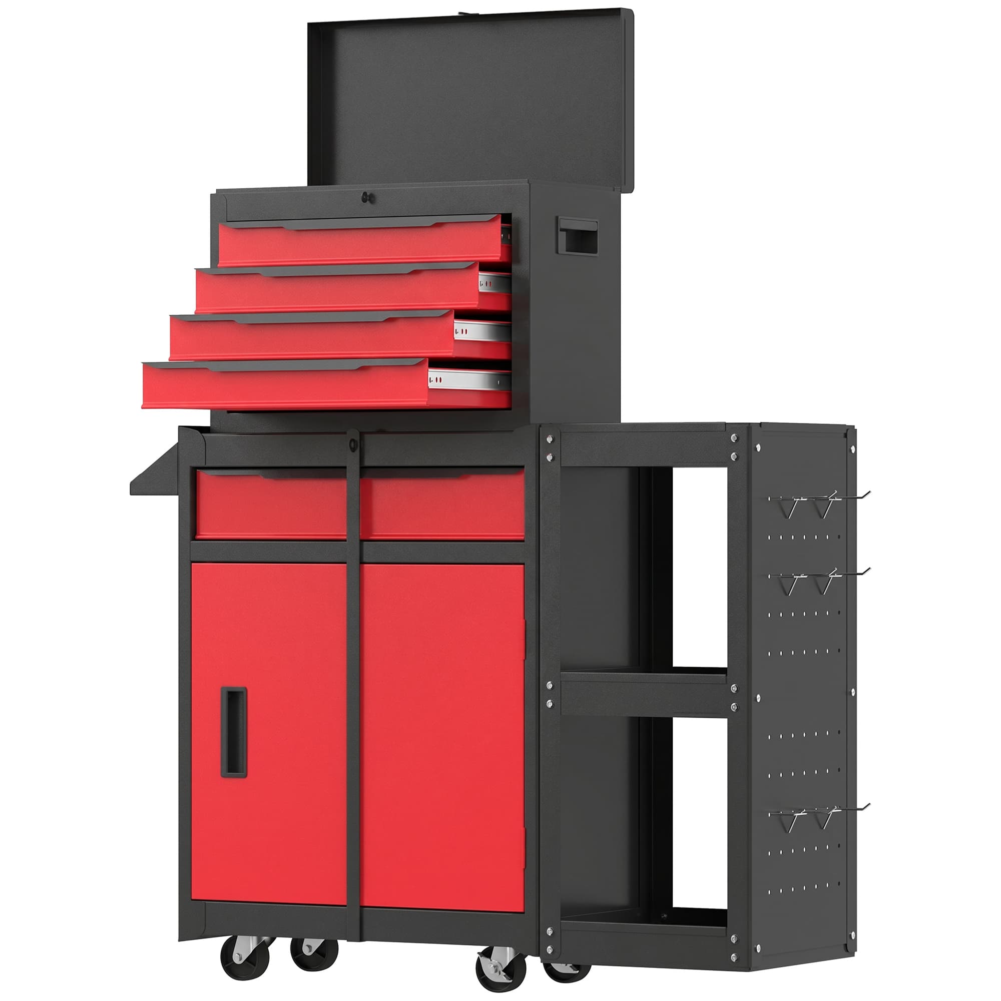 HOMCOM Chariot à Outils sur Roulettes 3 en 1 avec 5 Tiroirs et Armoire Inférieure Panneaux Perforés et Serrure Noir et Rouge