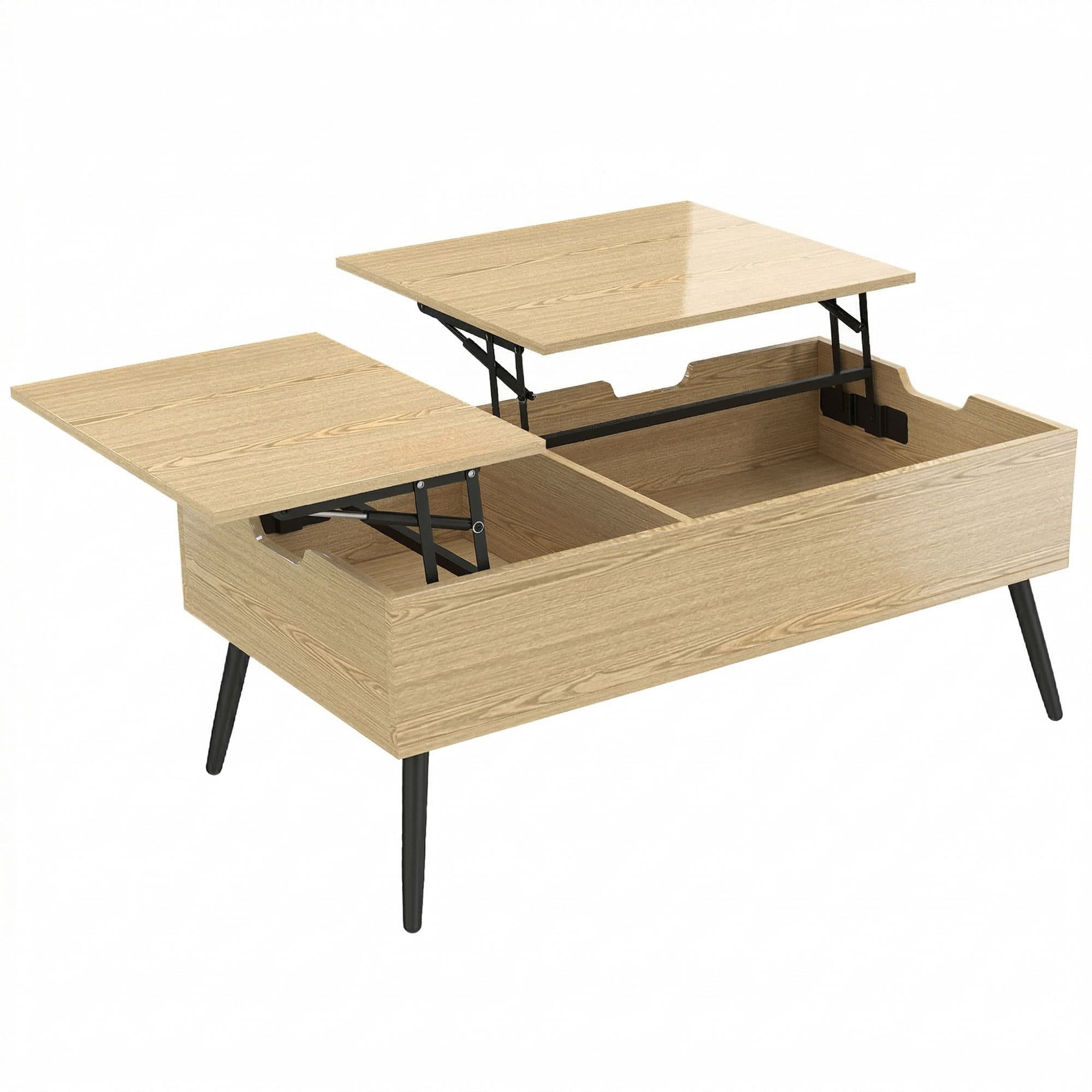 HOMCOM Table basse relevable avec double plateau, table de salon avec compartiment caché et pieds en métal, bois naturel
