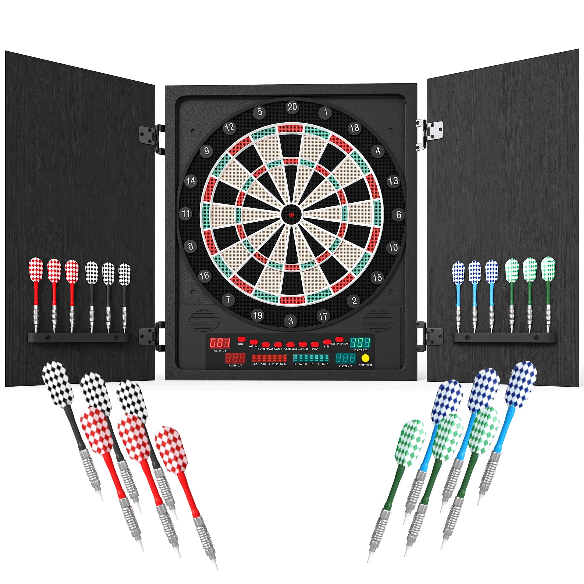 HOMCOM Cible jeu de fléchettes électronique refermable 27 jeux 202 variations jusqu'à 8 joueurs affichage LED haut-parleur noir