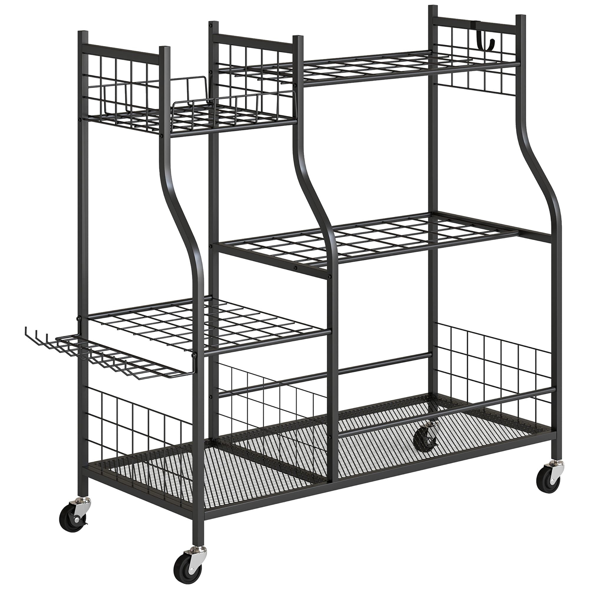 Outsunny Organisateur d'Outils de Jardin en Acier à 3 Niveaux, 74 Emplacements, 4 Roues, 11 Crochets, 104x40x95cm, Noir