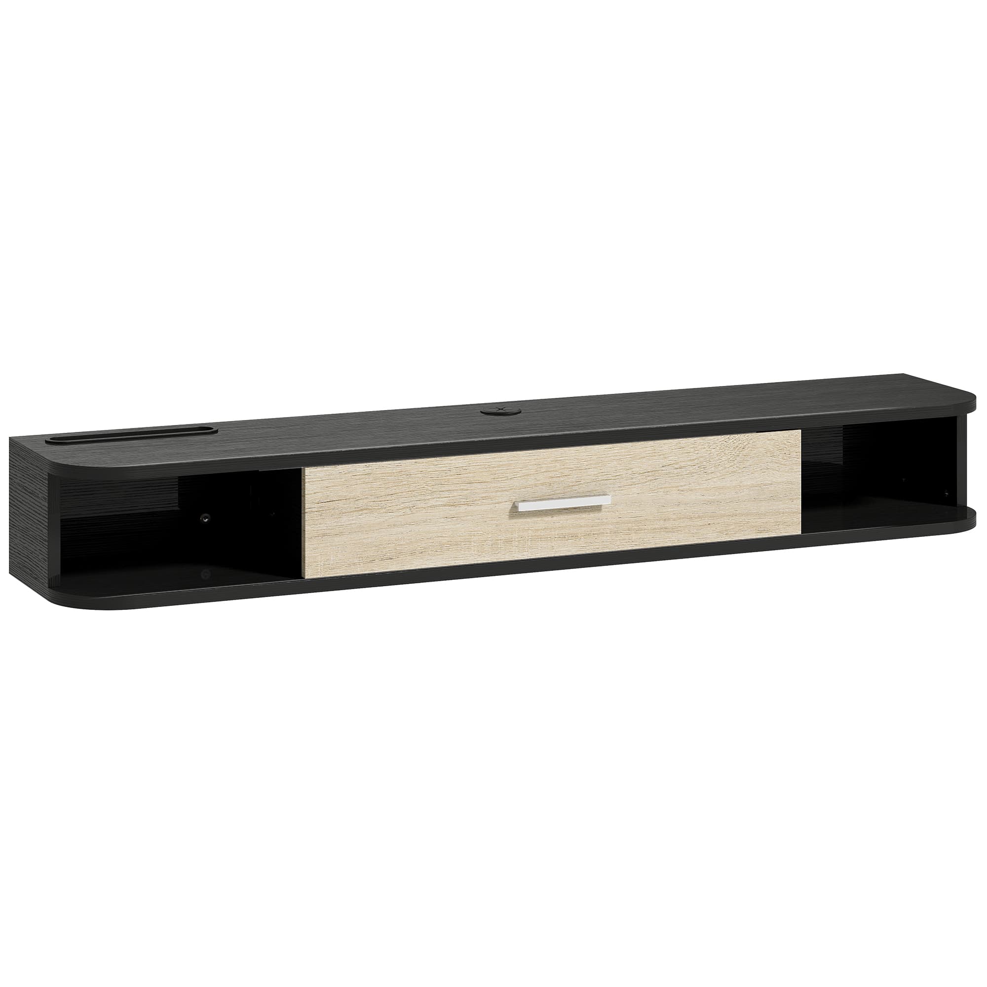 HOMCOM Meuble TV Suspendu 120 cm, Meuble télé jusqu'à 50 Pouces, Porte Rabattable, 2 Étagères Ouvertes et Passe-câbles, Noir