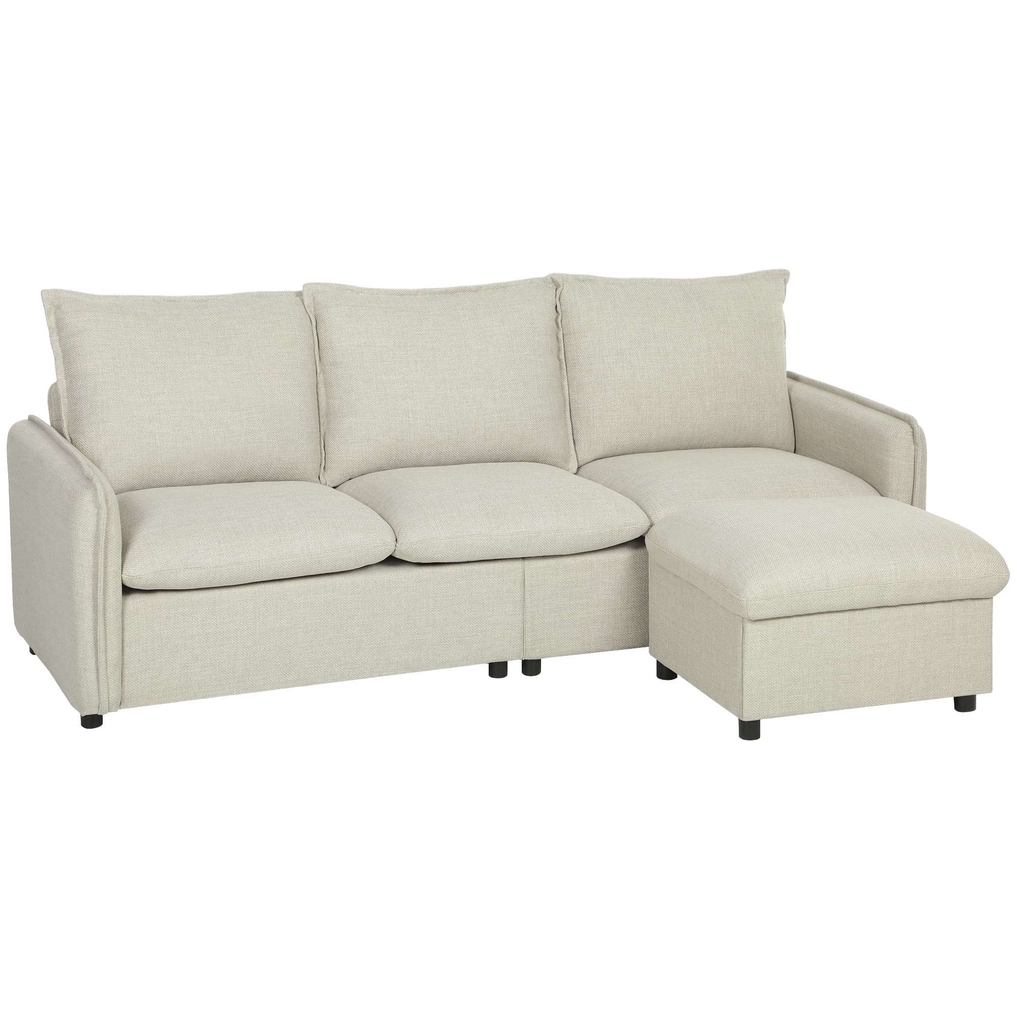 HOMCOM Canapé 3 places avec pouf de rangement, canapé d'angle modulable 212 cm, coussins à ressorts, tissu en lin, crème