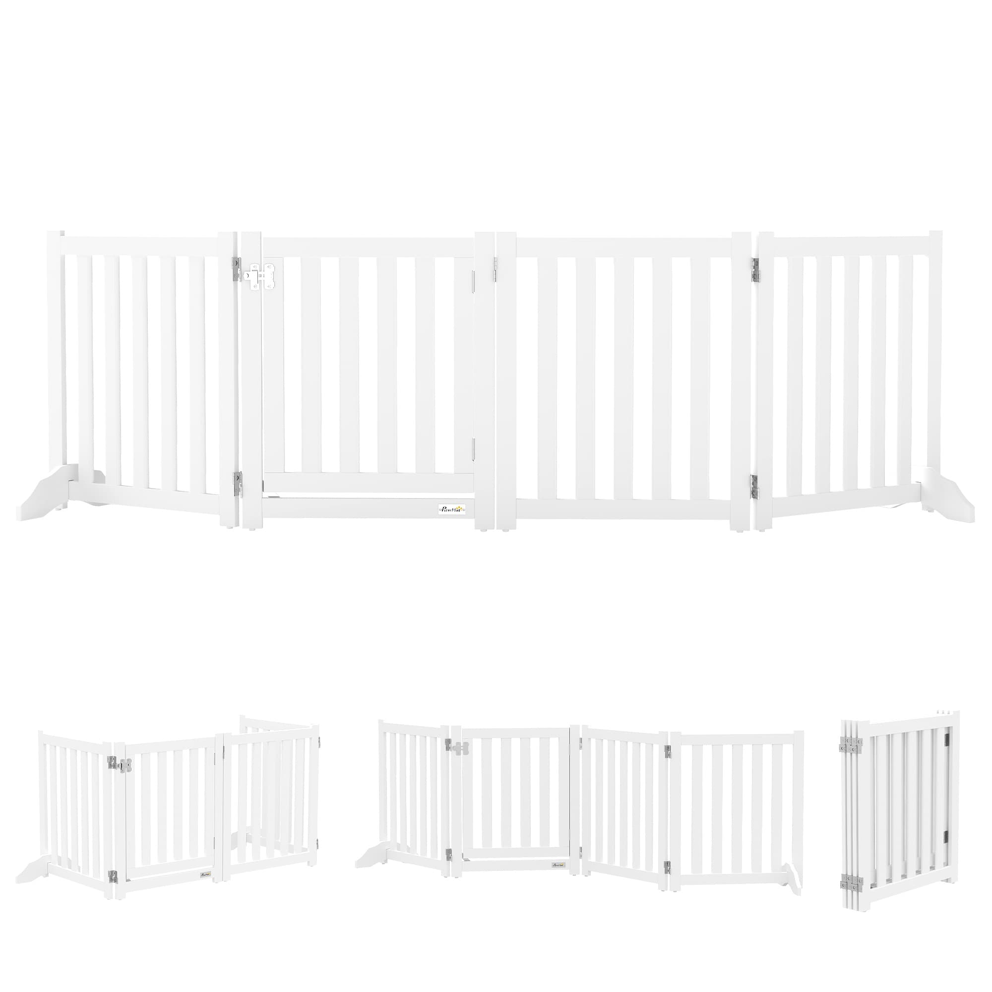PawHut Barrière de Sécurité Chien Pliable Double Face en Bois, 4 Panneaux avec Porte, Pieds de Support, 205 x 60 cm, Blanc