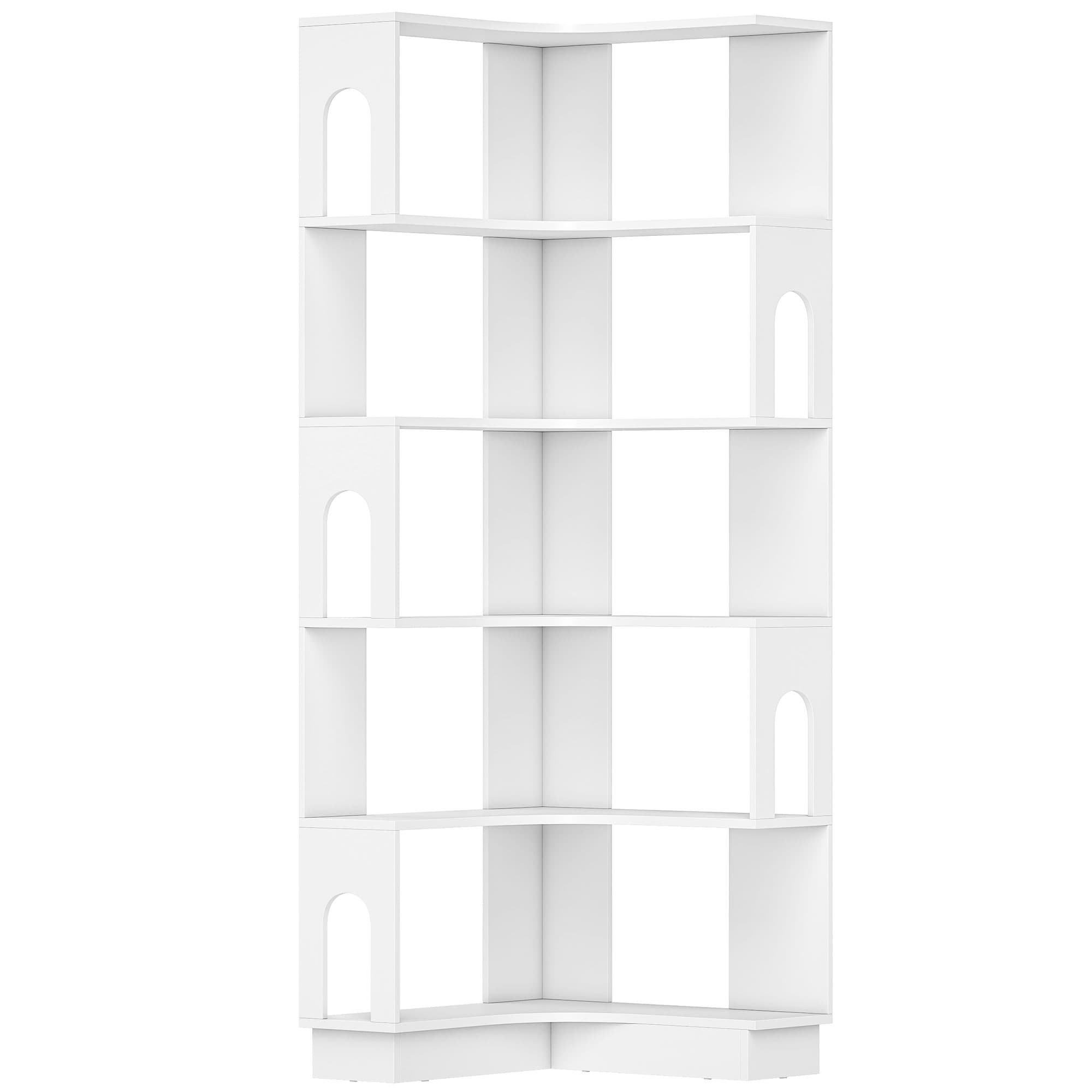 HOMCOM Bibliothèque d'angle, étagère de rangement à 6 niveaux avec panneaux latéraux arqués, 60 x 60 x 165,5 cm, blanc