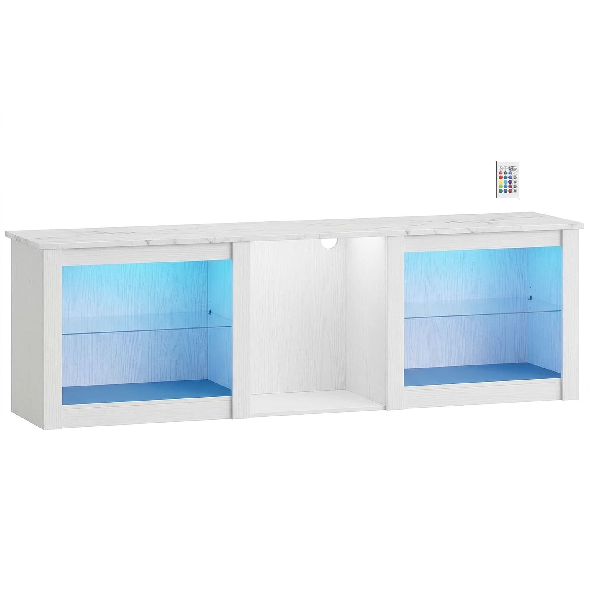 HOMCOM Meuble TV avec éclairage LED pour télévision jusqu'à 70 pouces, 160cm avec étagères en verre réglables, blanc