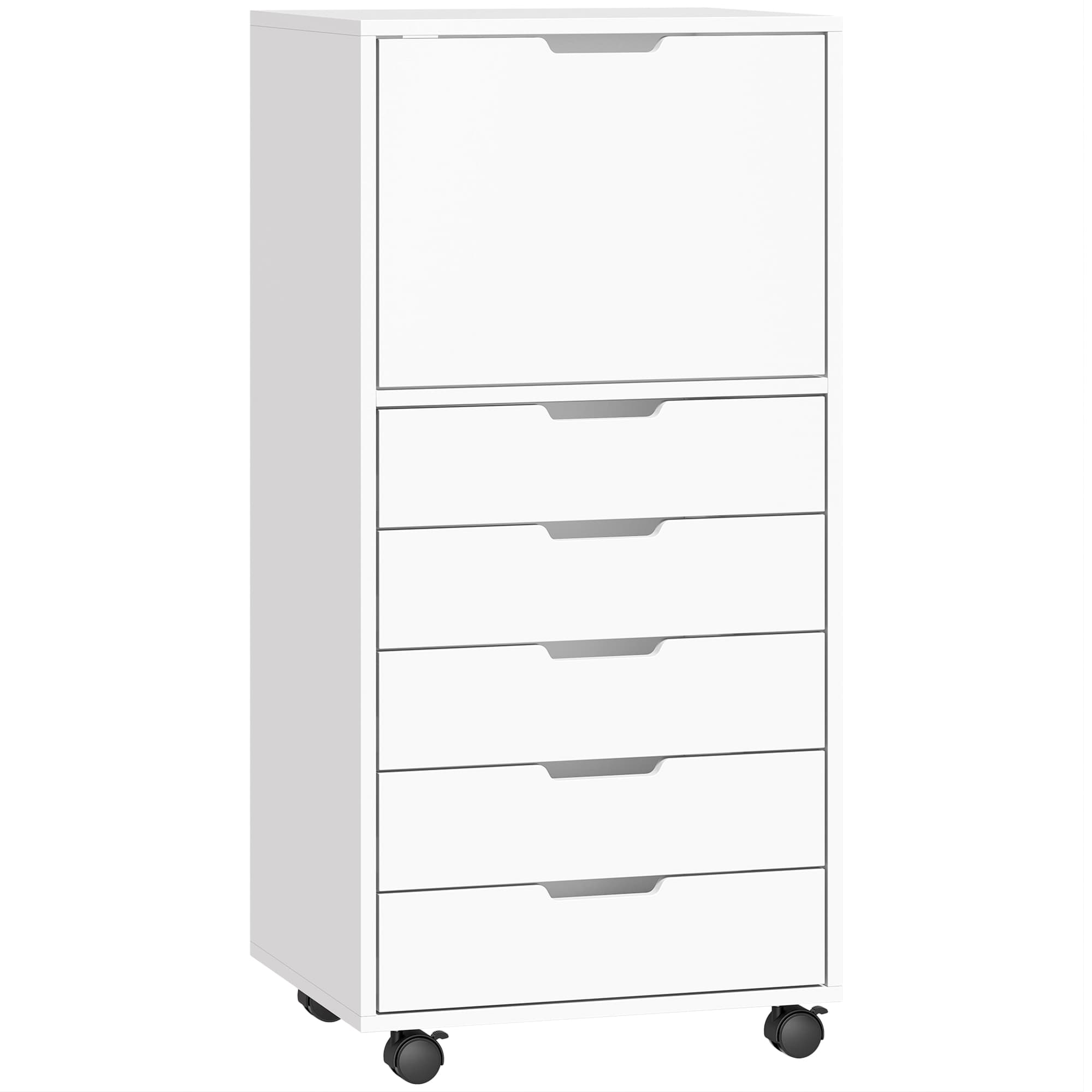 HOMCOM Caisson de bureau 5 tiroirs, roulettes et armoire avec fermeture douce, support pour imprimante, blanc