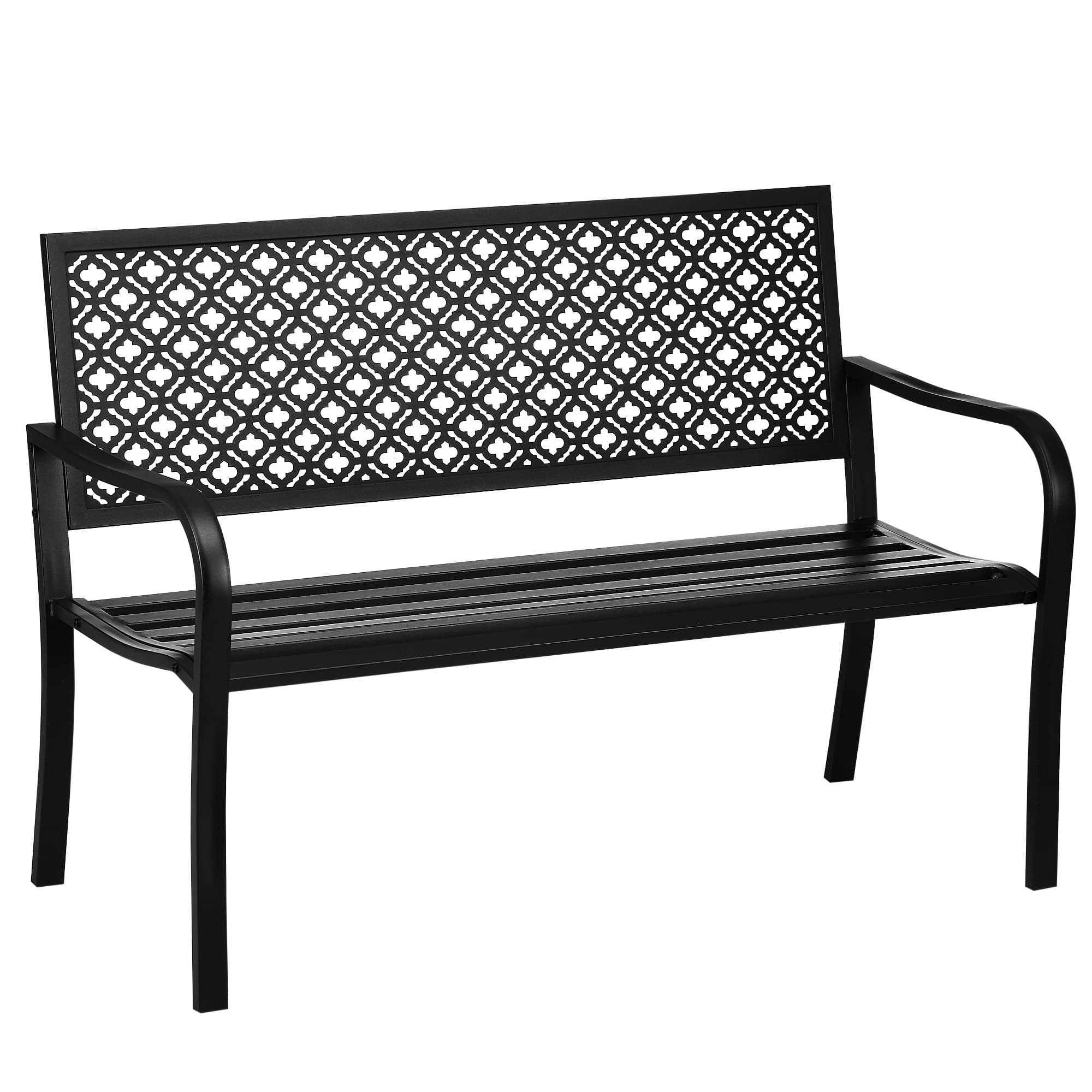 Outsunny Banc de jardin banc extérieur jardin en acier avec dossier à motif floral pour 2 personnes 127 x 63 x 83 cm noir