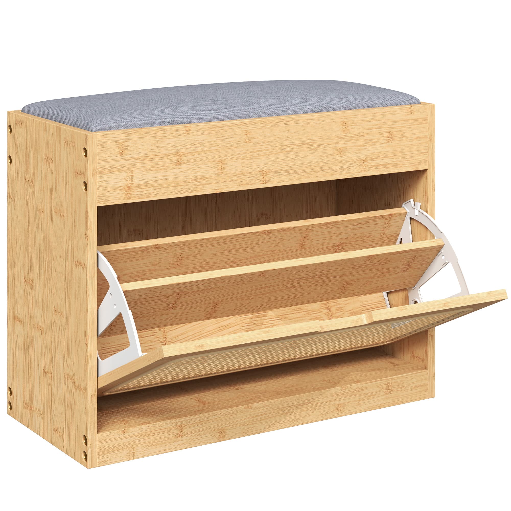 HOMCOM Banc chaussures entrée, banc de rangement en bambou, assise rembourrée, porte en rotin et étagère réglable, bois naturel