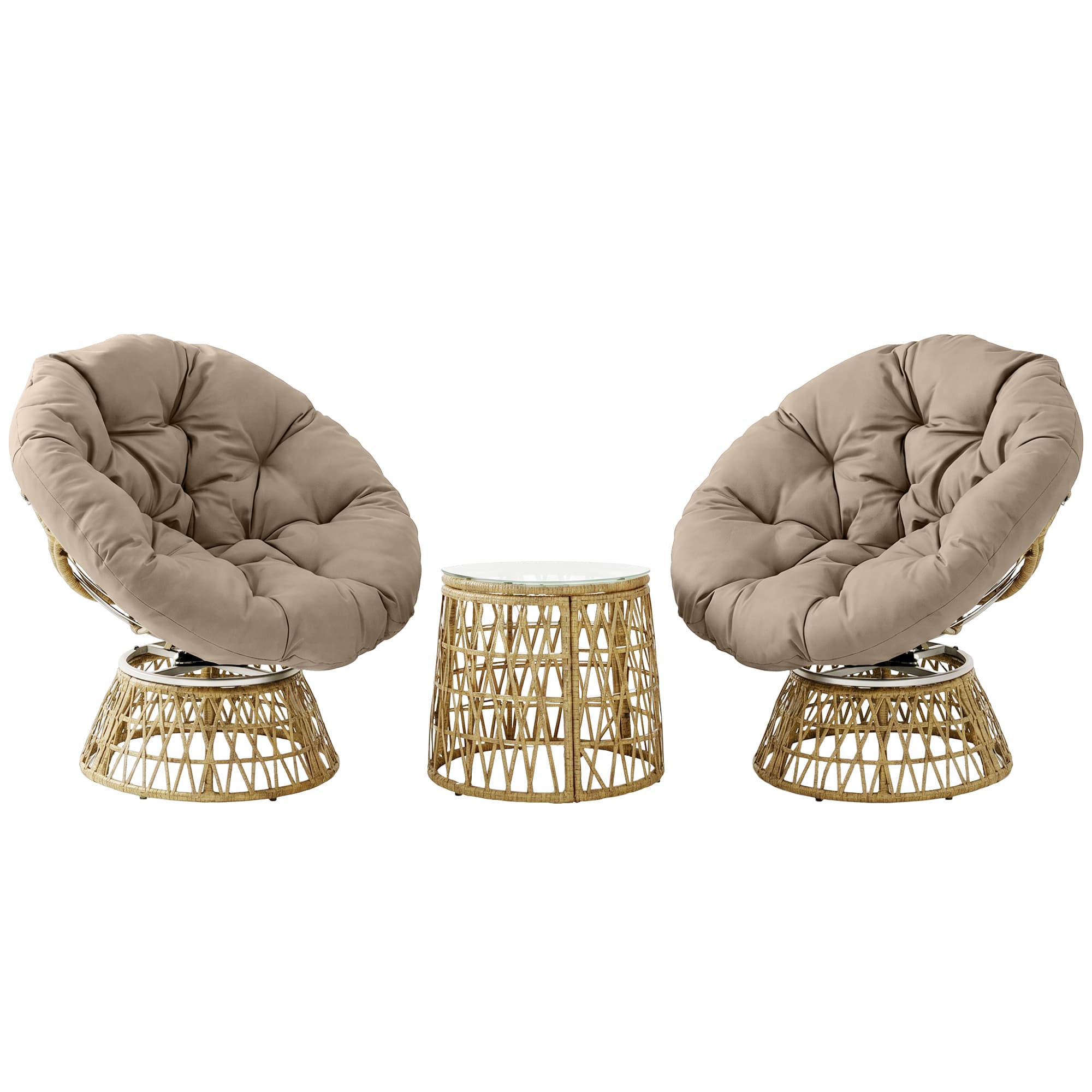 Outsunny Ensemble salon de jardin 3 pièces avec 2 fauteuils papasan pivotant et 1 tables basse ronde polyester résine tressée