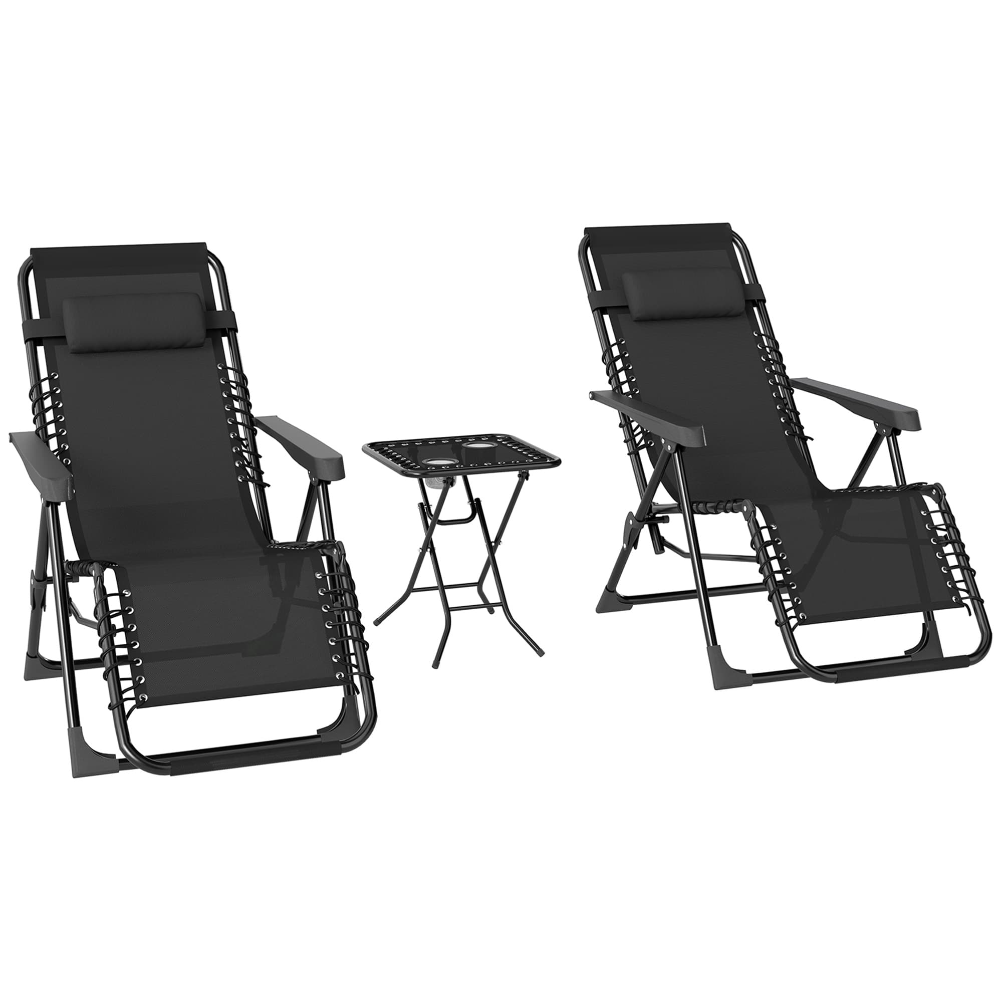 Outsunny Lot de 2 chaise longue pliable et inclinable avec table d'appoint, porte-gobelets et appuie-têtes, charge 120 kg, noir