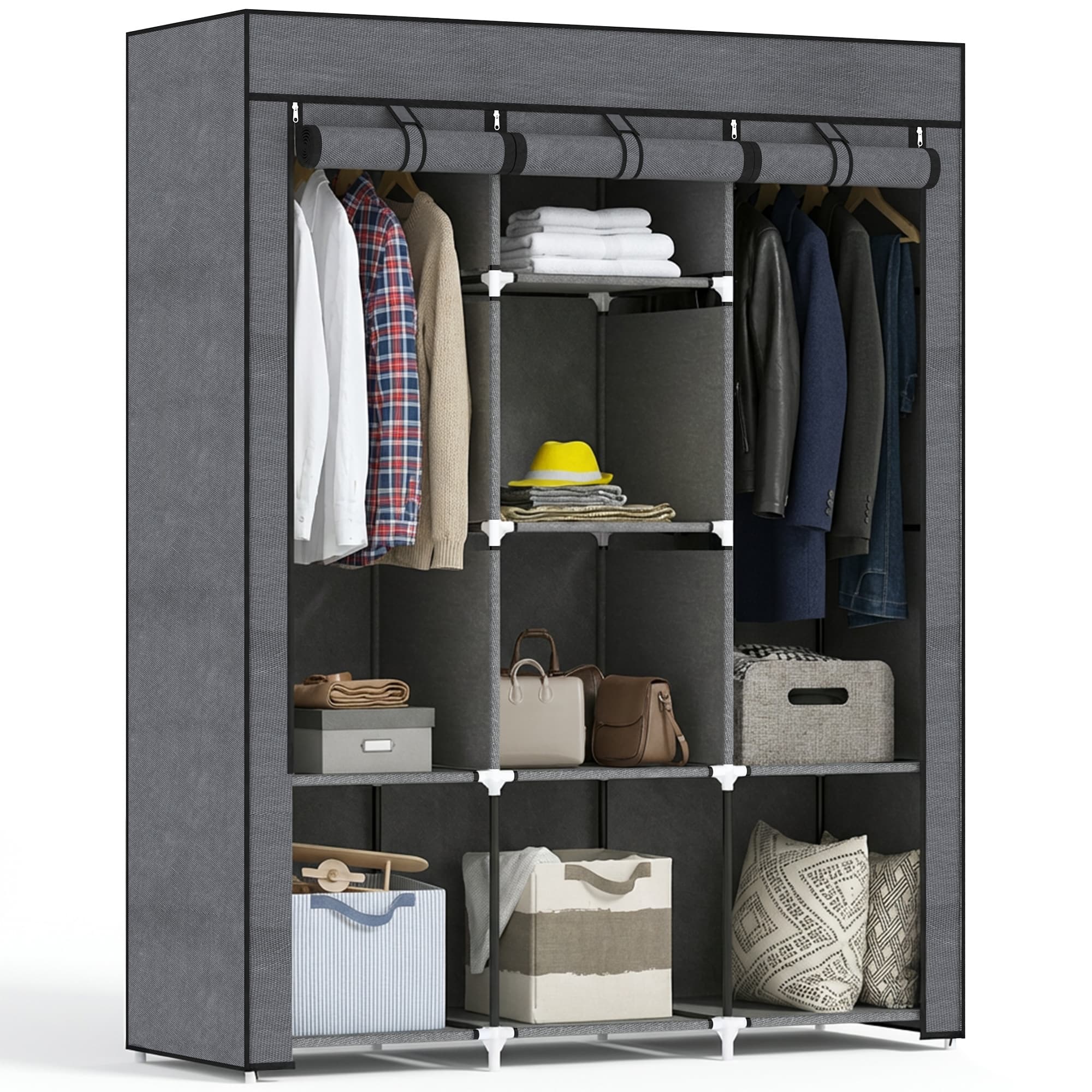 HOMCOM Armoire Dressing Compacte Grise 8 Étagères 2 Tringles Rangement Polyester Aosom France