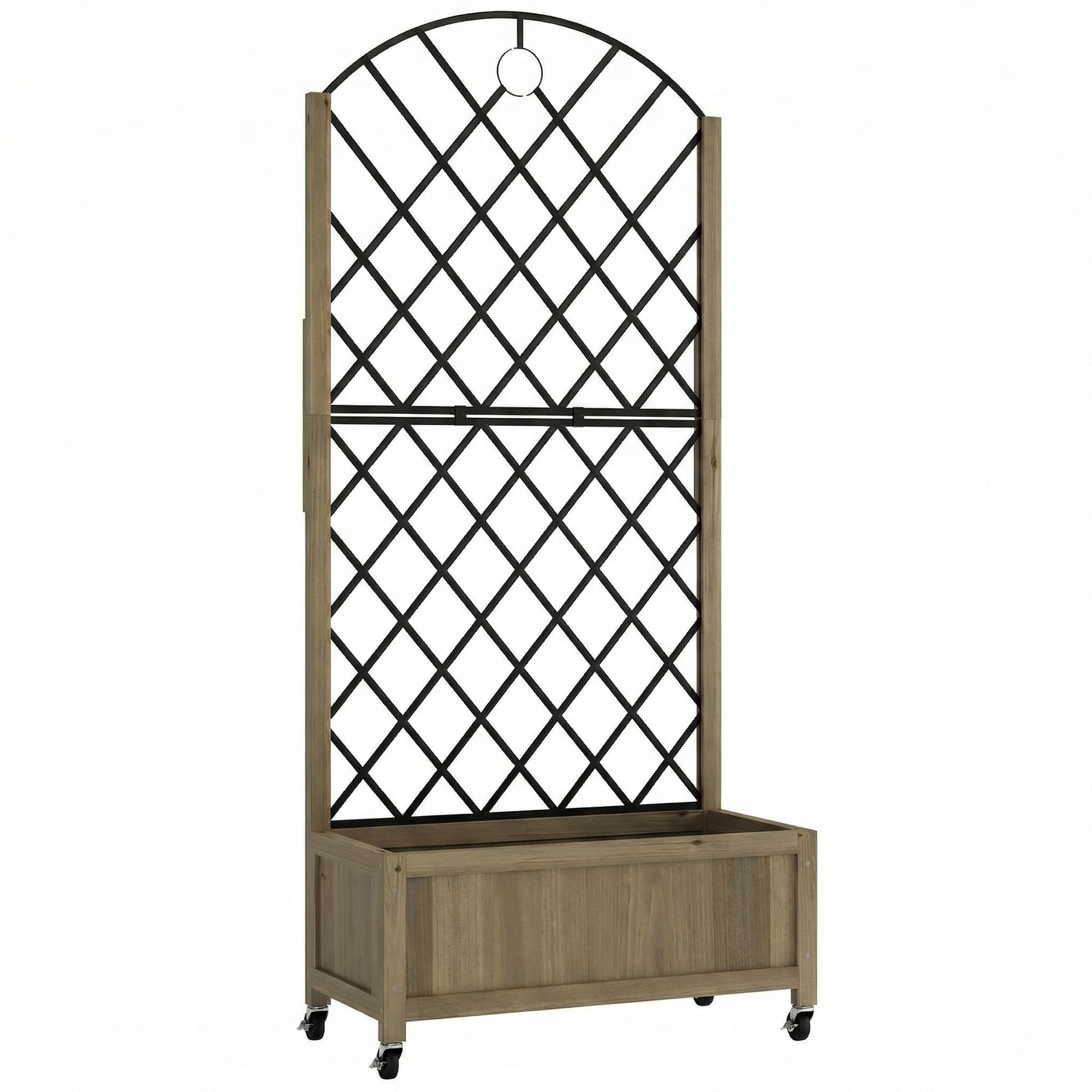 Outsunny Jardinière avec treillis en acier, bac à fleurs sur roues verrouillables en bois, 72 x 36 x 168 cm, Finition Carbonisée